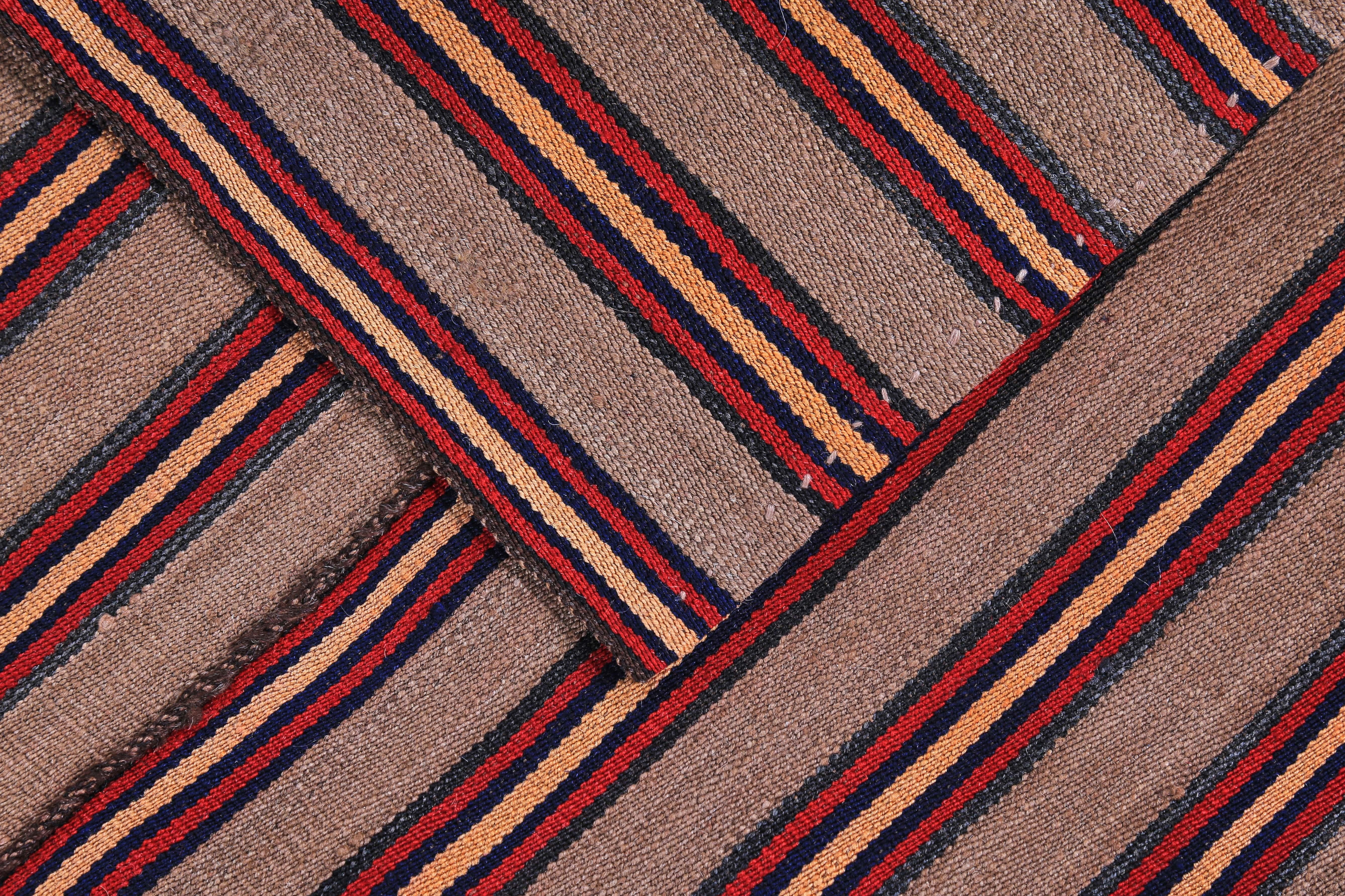 Modern Turkish Kilim Rug with Red, Orange & Black Pencil Stripes in Beige Field In New Condition For Sale In Dallas, TX