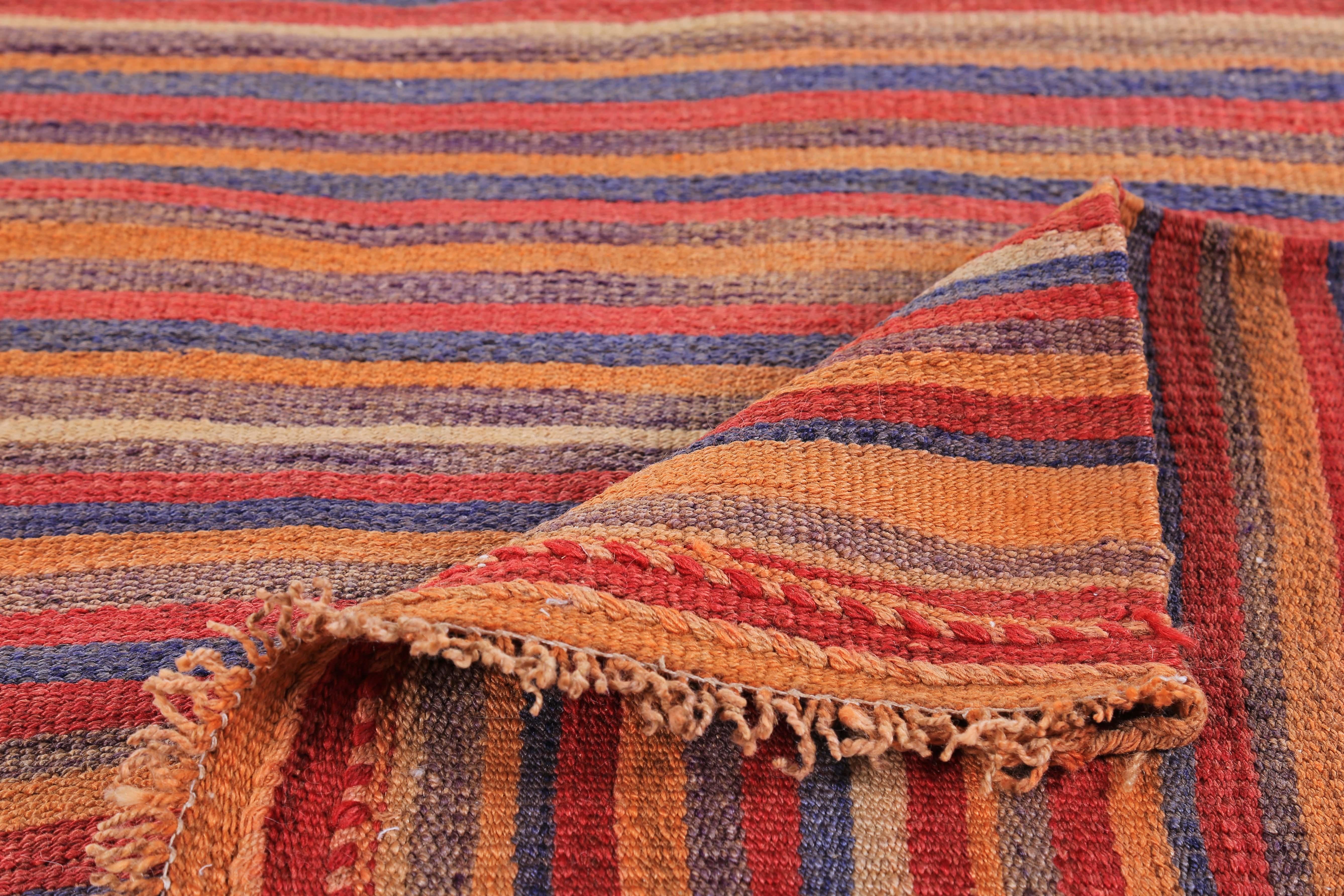 Hand-Woven Modern Turkish Kilim Rug with Red, Orange and Blue Stripes For Sale