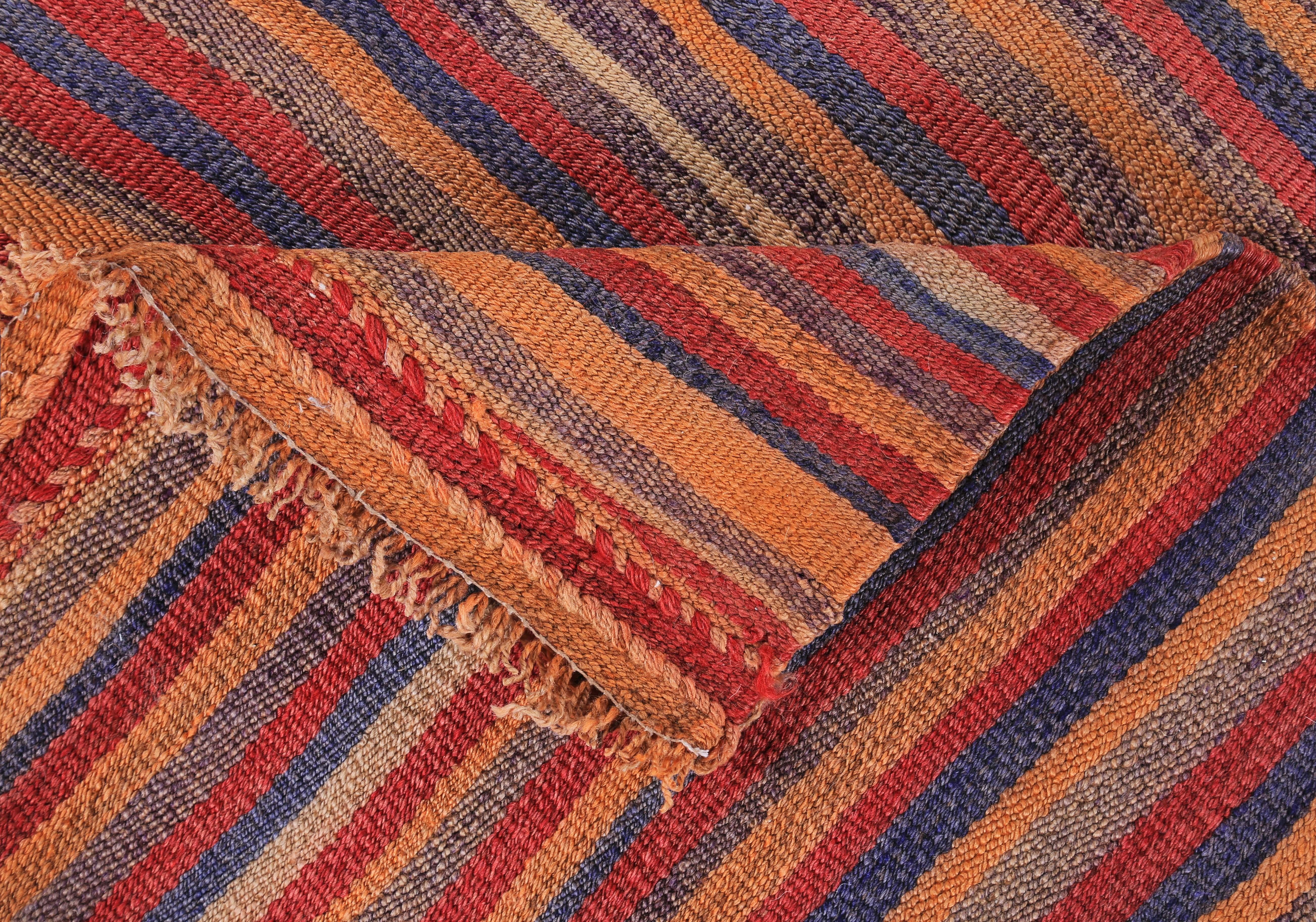 Contemporary Modern Turkish Kilim Rug with Red, Orange and Blue Stripes For Sale