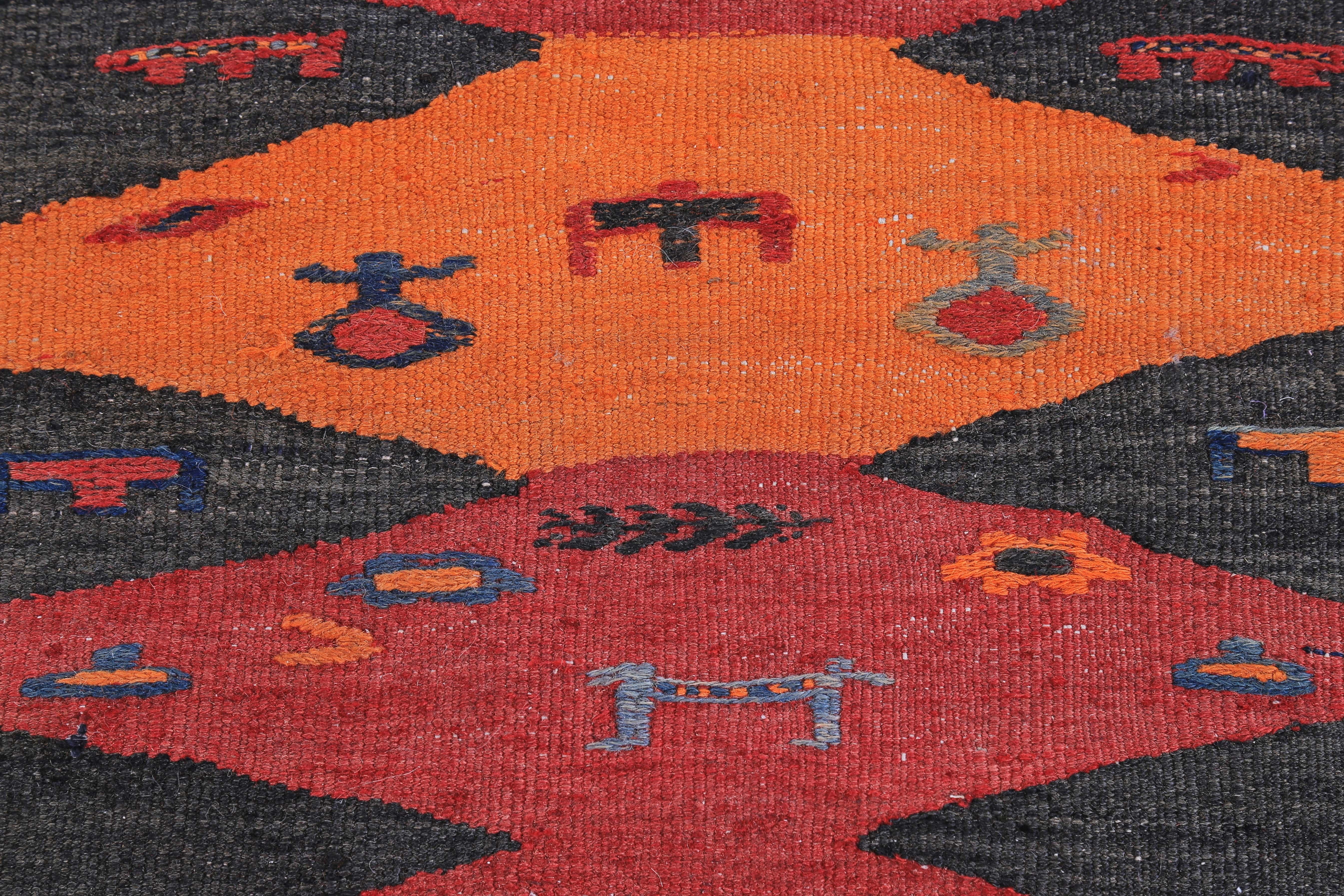 Hand-Woven Modern Turkish Kilim Rug with Red and Orange Diamond Design in Black Field For Sale