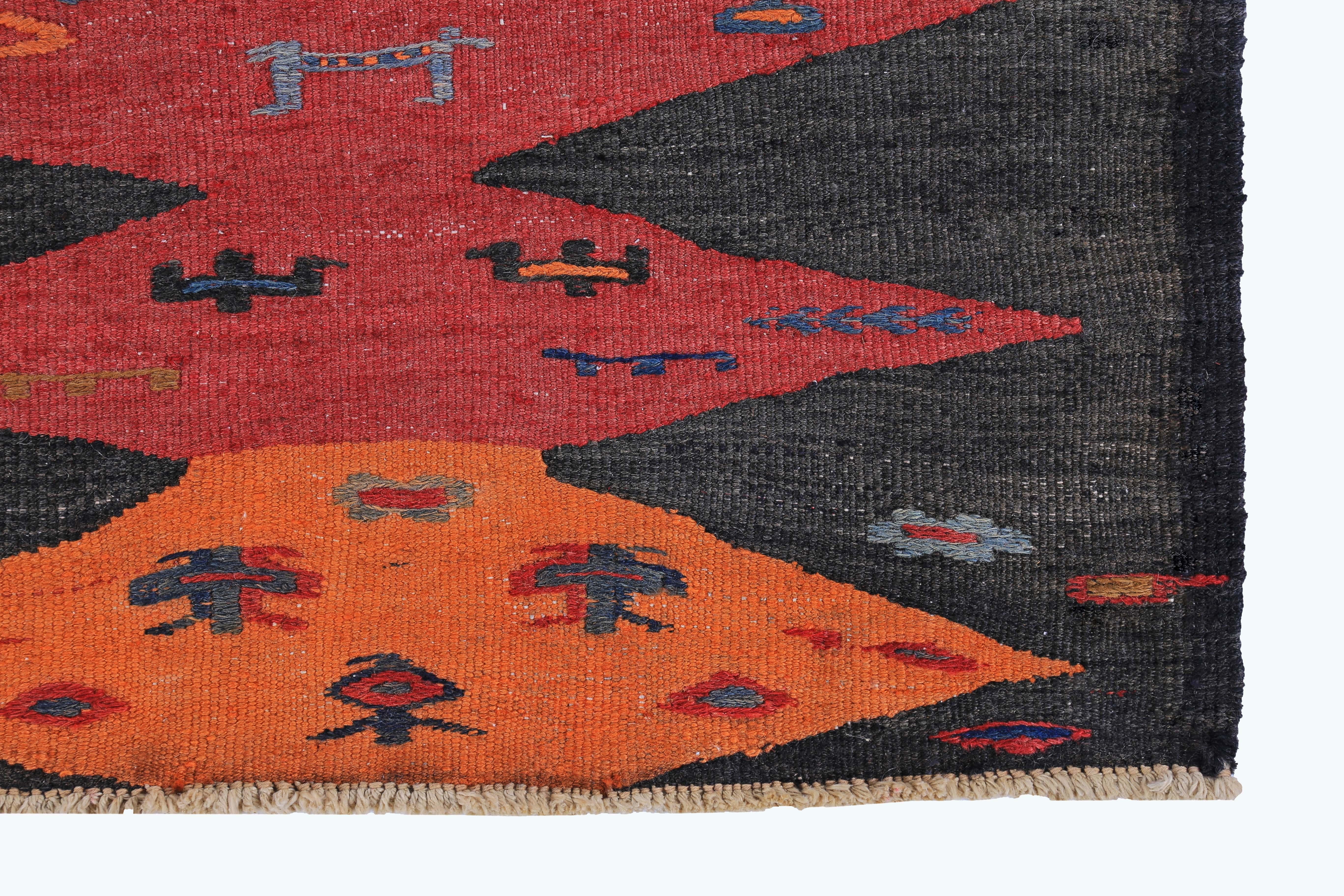 Modern Turkish Kilim Rug with Red and Orange Diamond Design in Black Field In New Condition For Sale In Dallas, TX