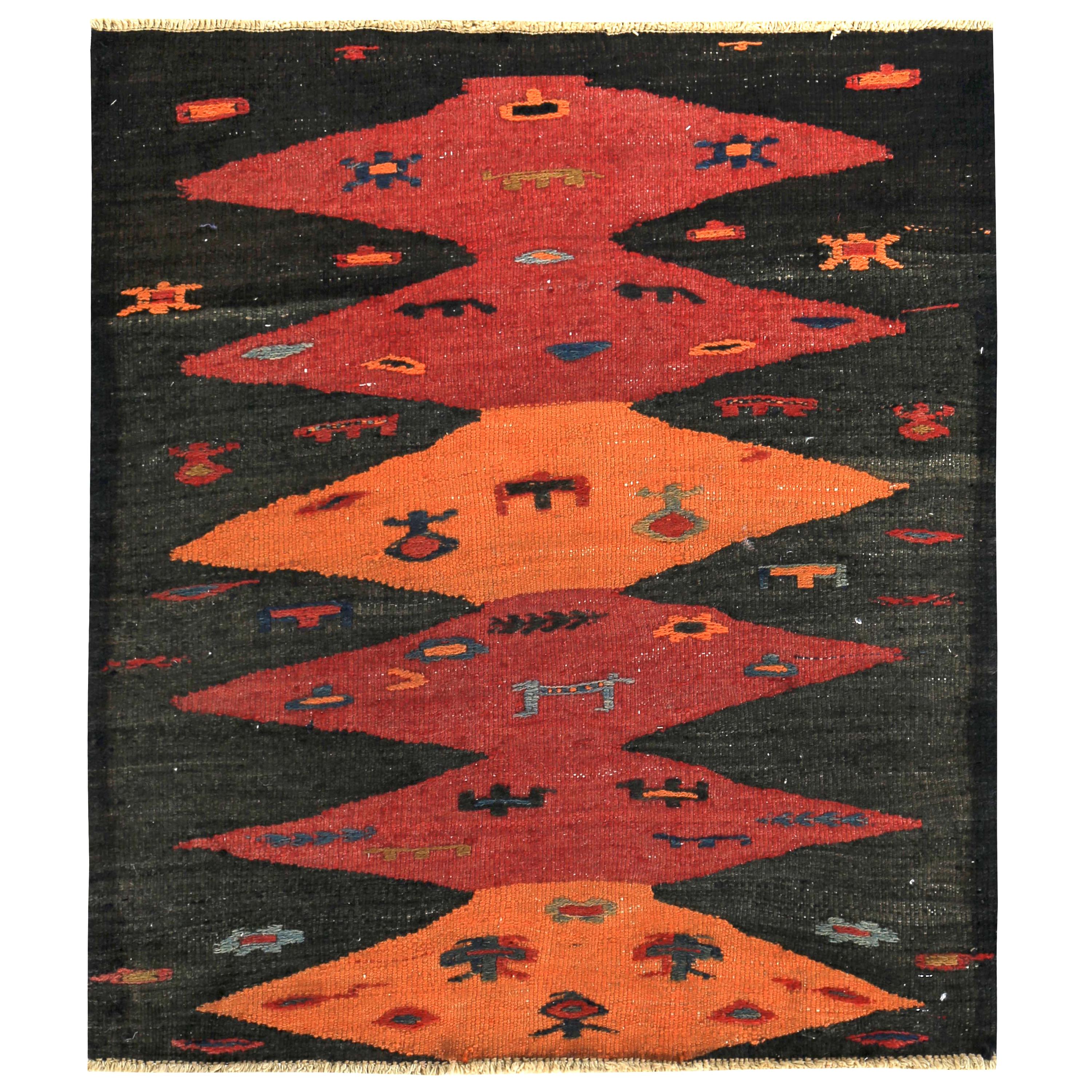 Modern Turkish Kilim Rug with Red and Orange Diamond Design in Black Field For Sale
