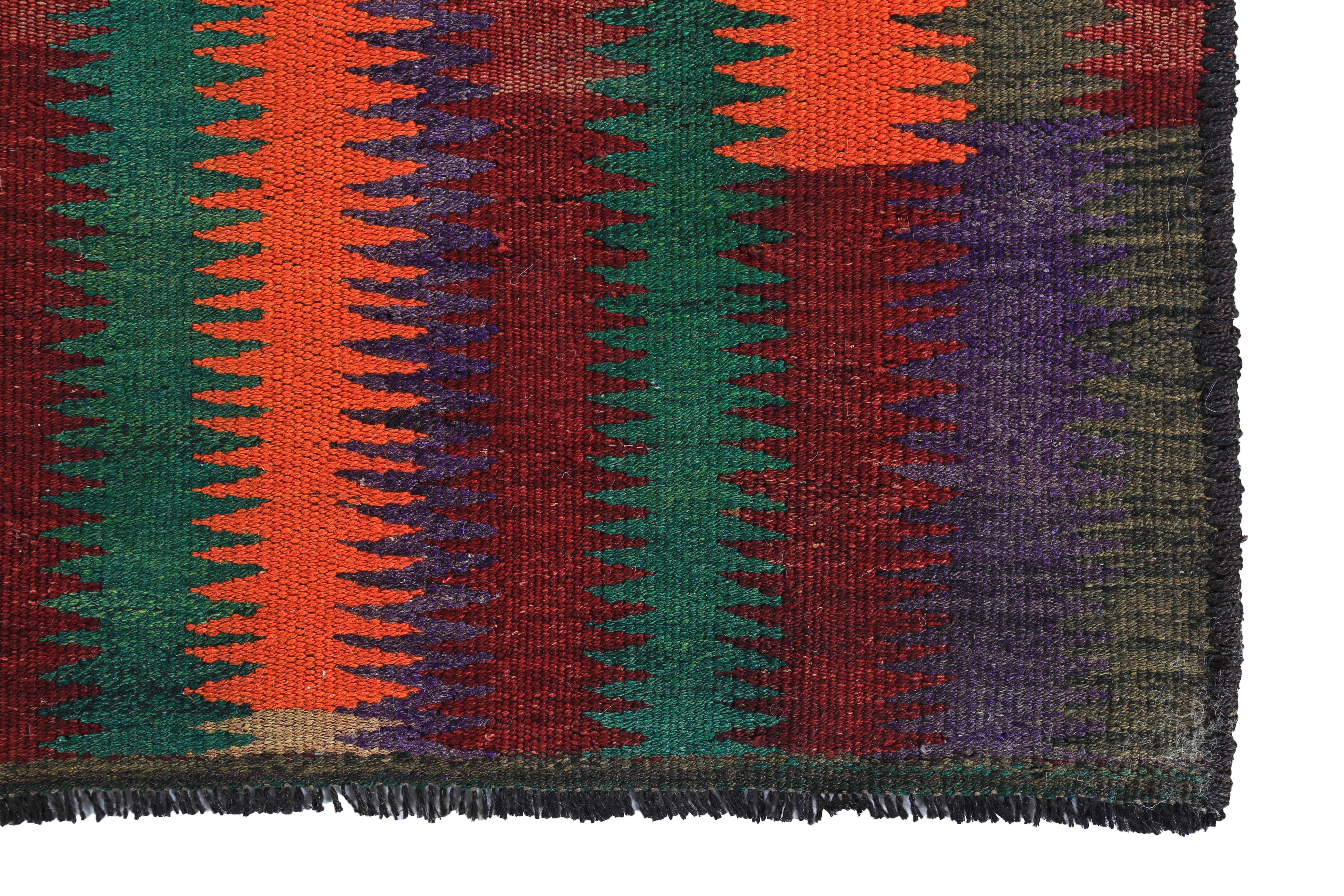 Hand-Woven Modern Turkish Kilim Rug with Red, Orange and Green Tribal Stripes For Sale