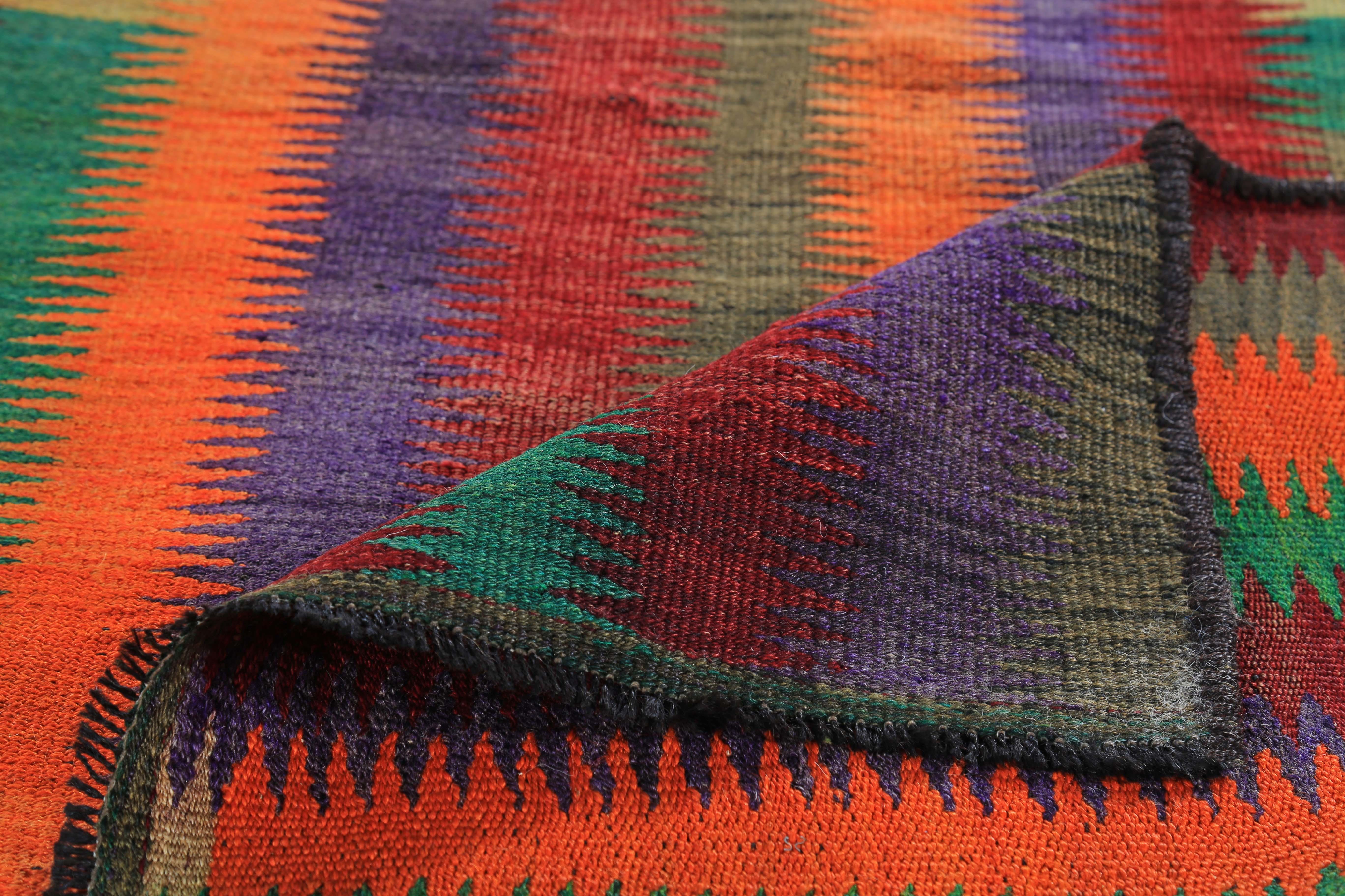 Modern Turkish Kilim Rug with Red, Orange and Green Tribal Stripes In New Condition For Sale In Dallas, TX