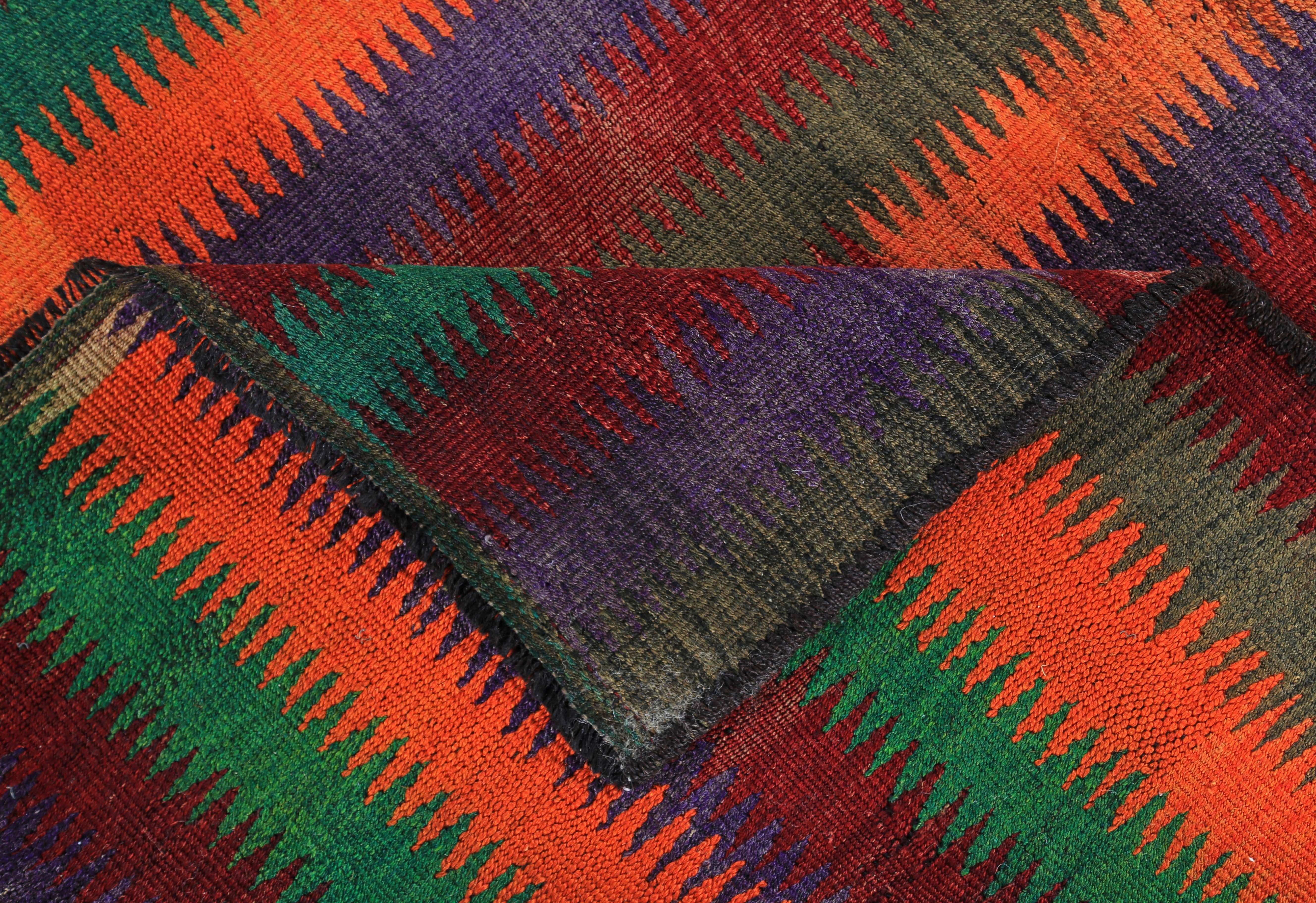 Wool Modern Turkish Kilim Rug with Red, Orange and Green Tribal Stripes For Sale