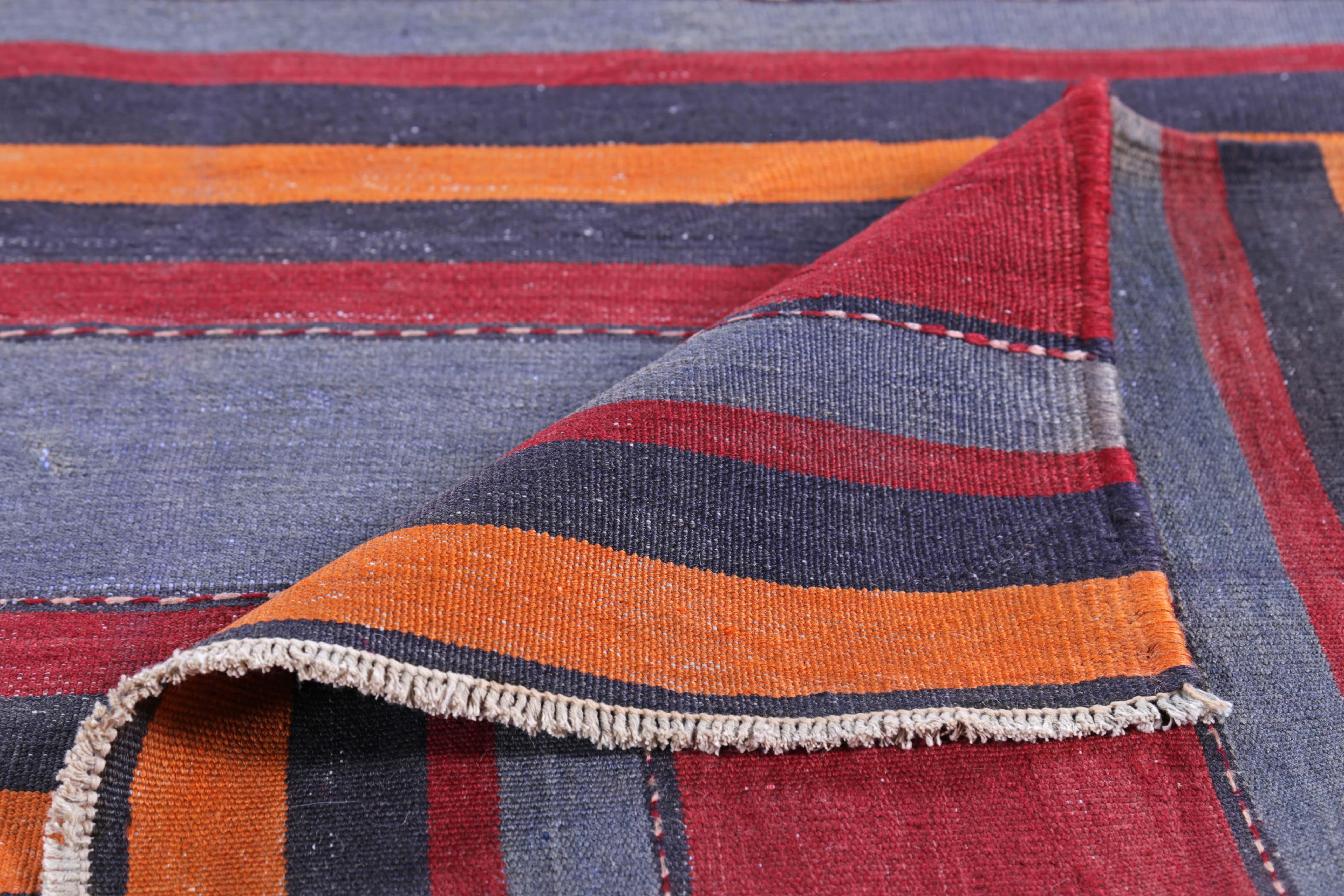 Hand-Woven Modern Turkish Kilim Rug with Red and Orange Stripes in Navy Field For Sale