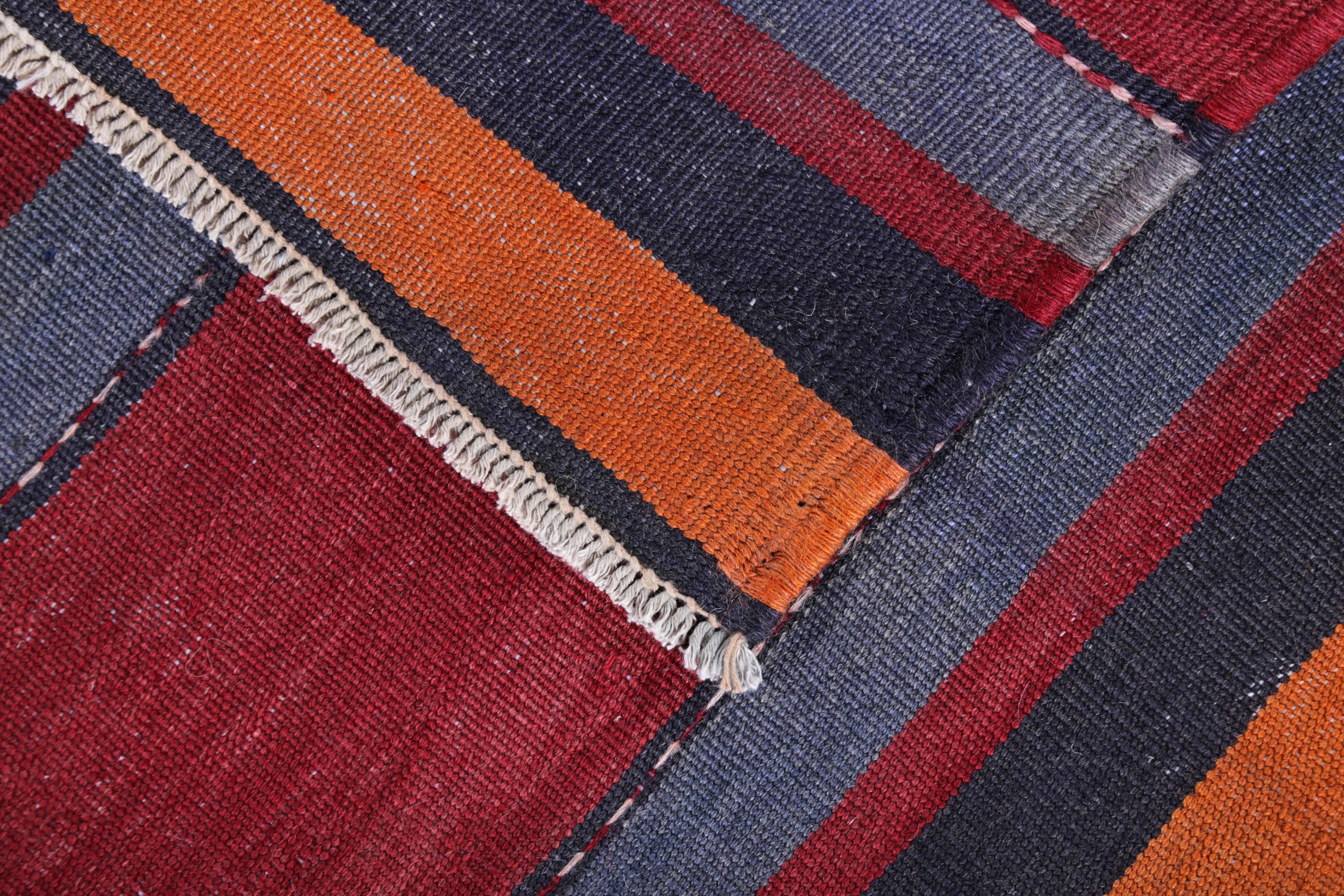 Modern Turkish Kilim Rug with Red and Orange Stripes in Navy Field In New Condition For Sale In Dallas, TX