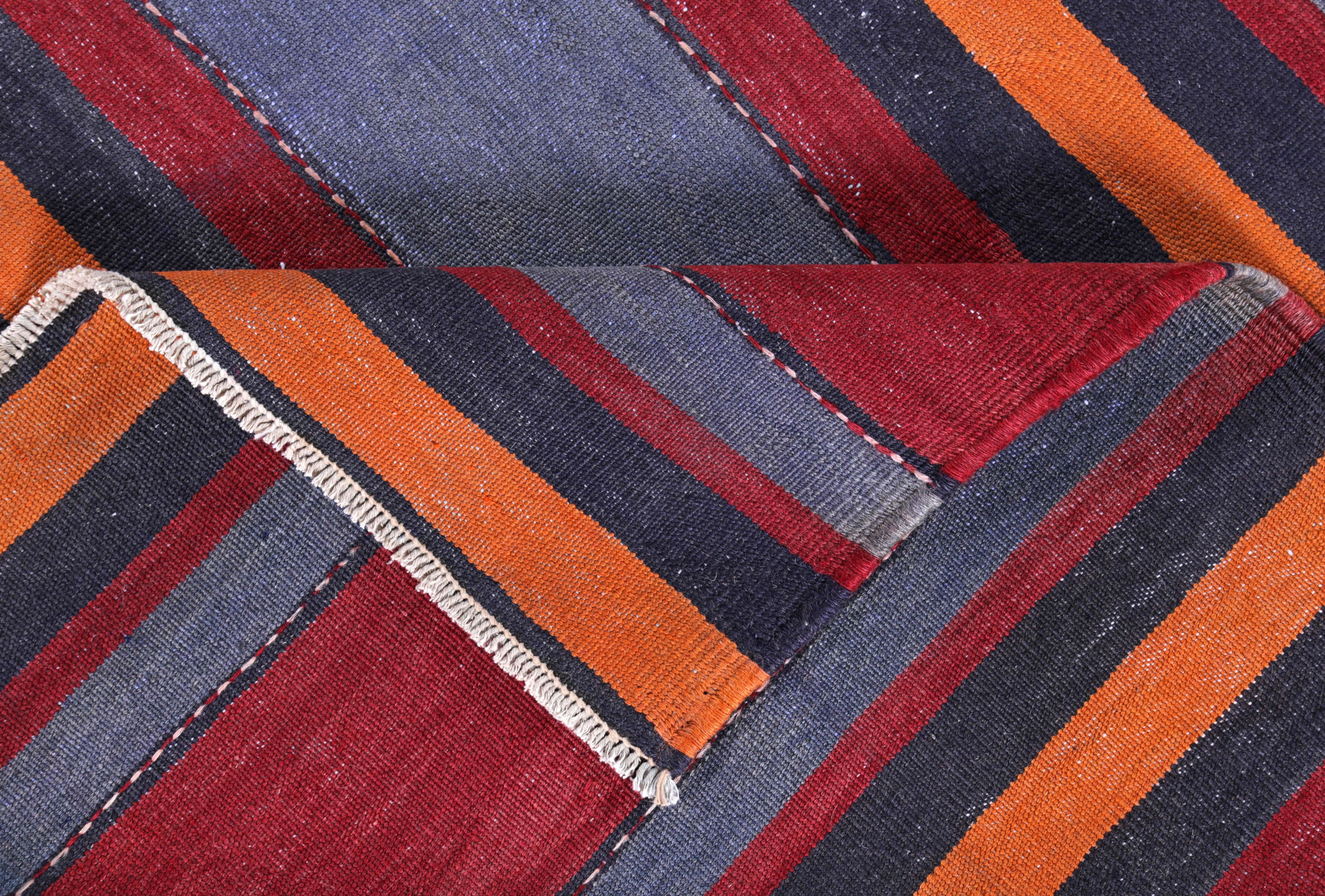 Contemporary Modern Turkish Kilim Rug with Red and Orange Stripes in Navy Field For Sale