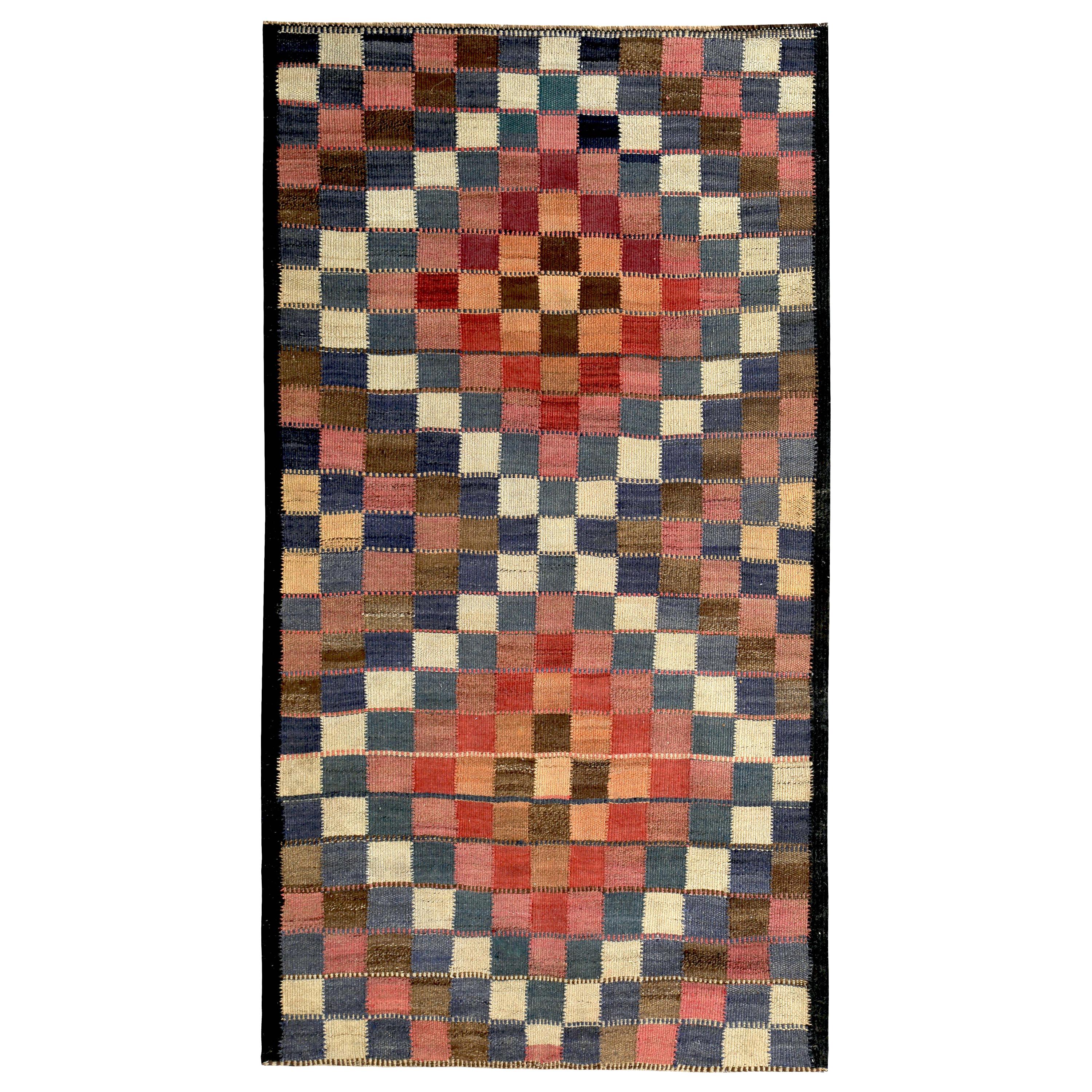 Modern Turkish Kilim Rug with Red, Pink and Blue Checkered Design For Sale