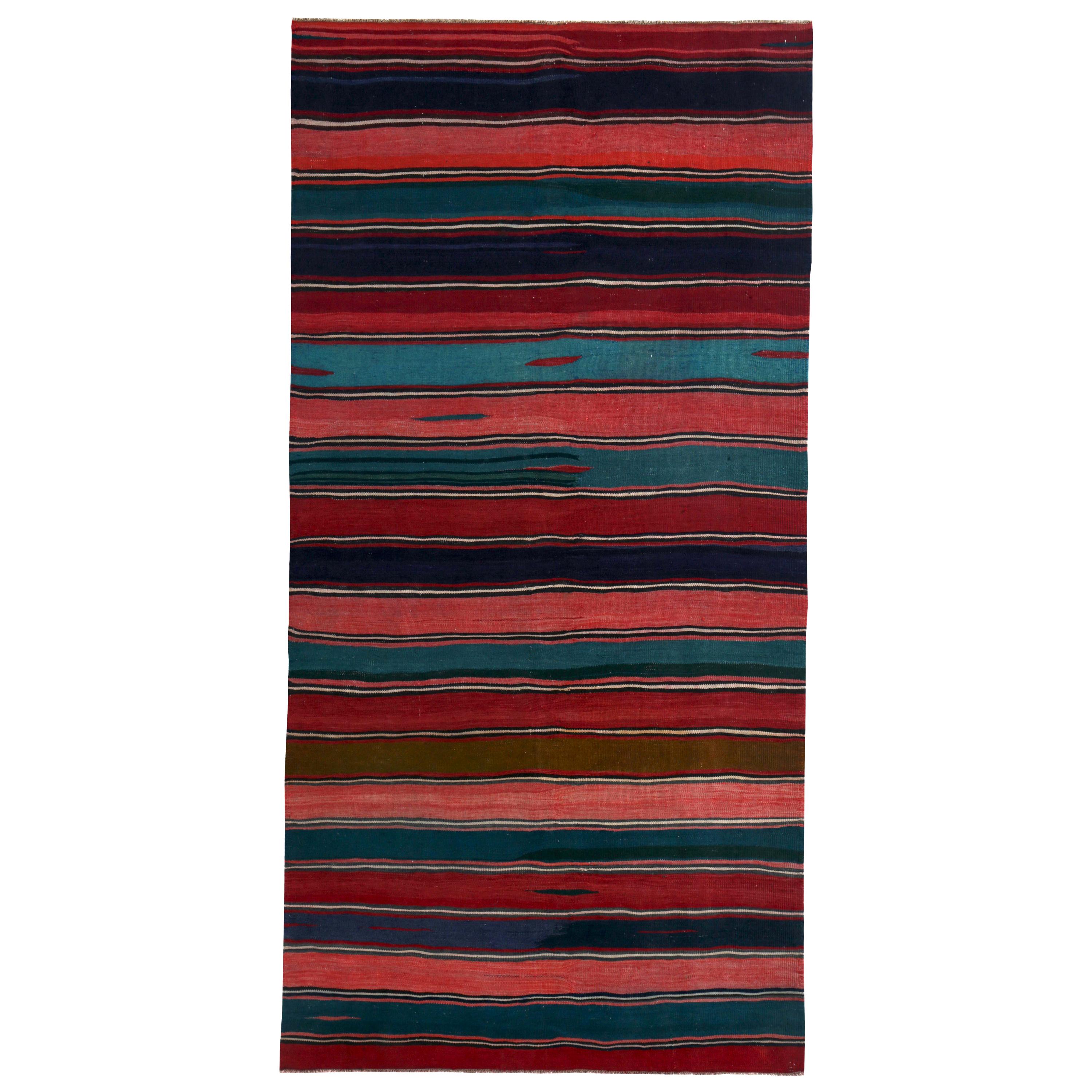 Modern Turkish Kilim Rug with Red, Pink and Blue Stripes Pattern For Sale