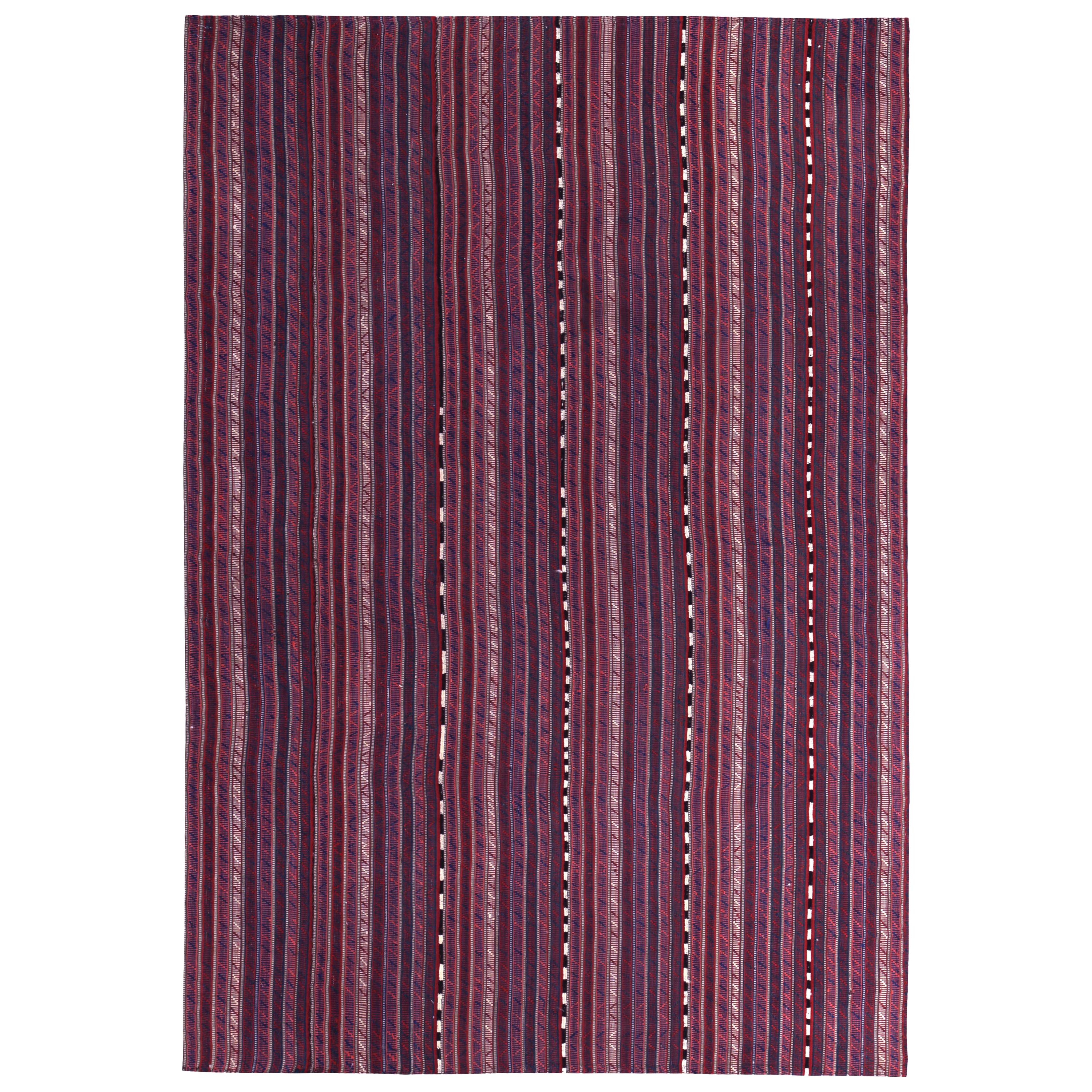 Modern Turkish Kilim Rug with Red, Pink and White Pencil Stripes