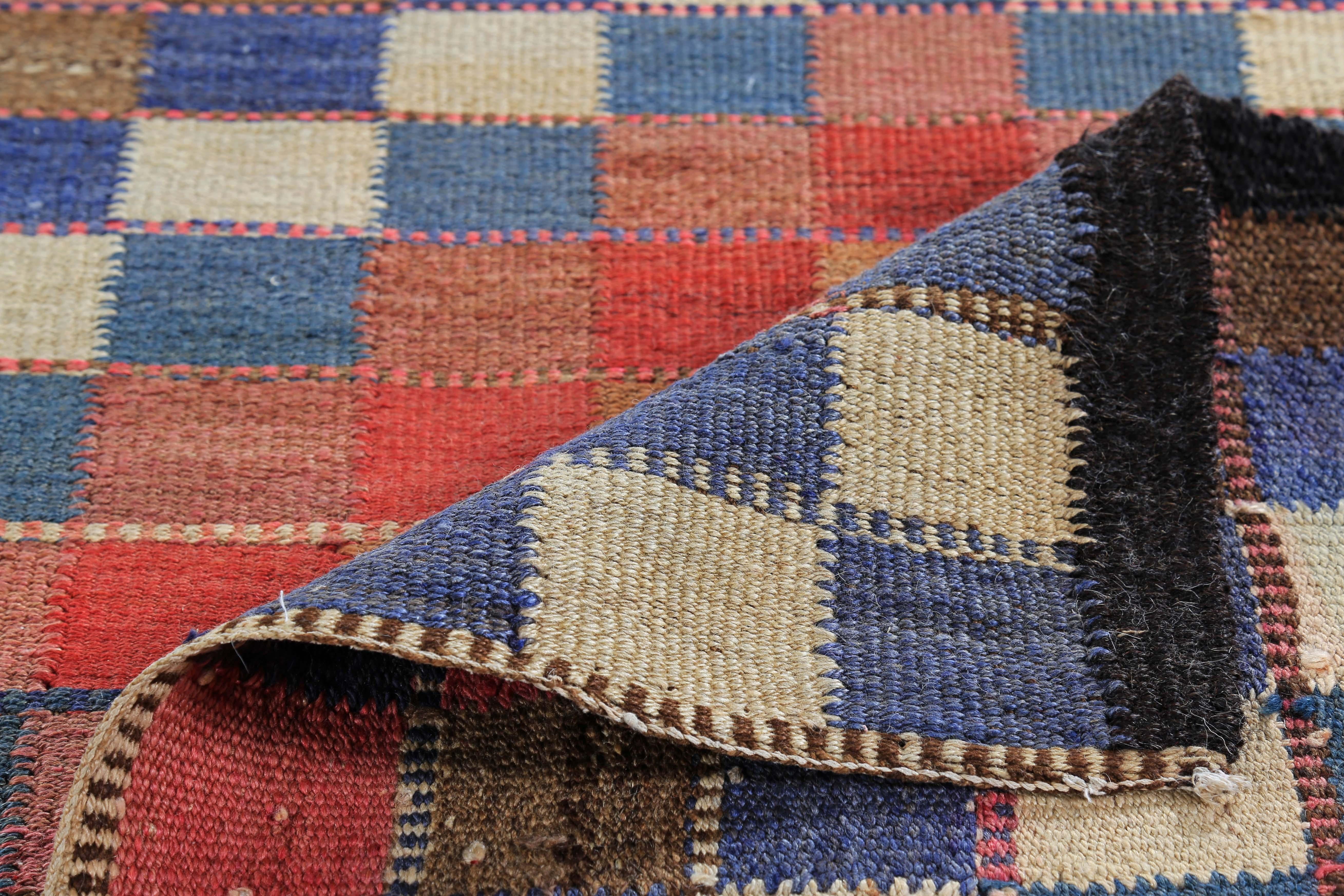 Hand-Woven Modern Turkish Kilim Rug with Red, Pink and Blue Checkered Design For Sale