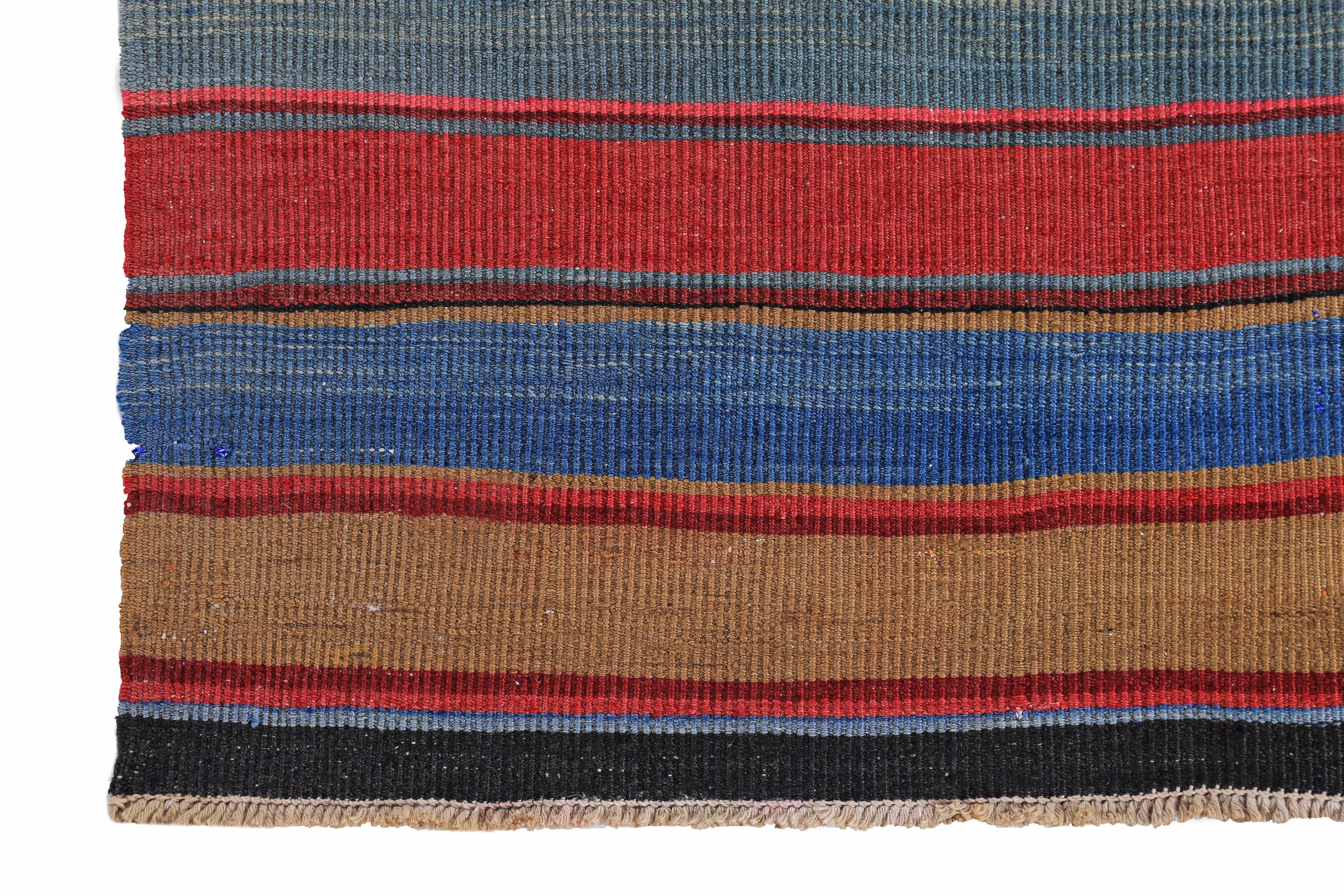 Hand-Woven Modern Turkish Kilim Rug with Red, Pink and Blue Stripes For Sale