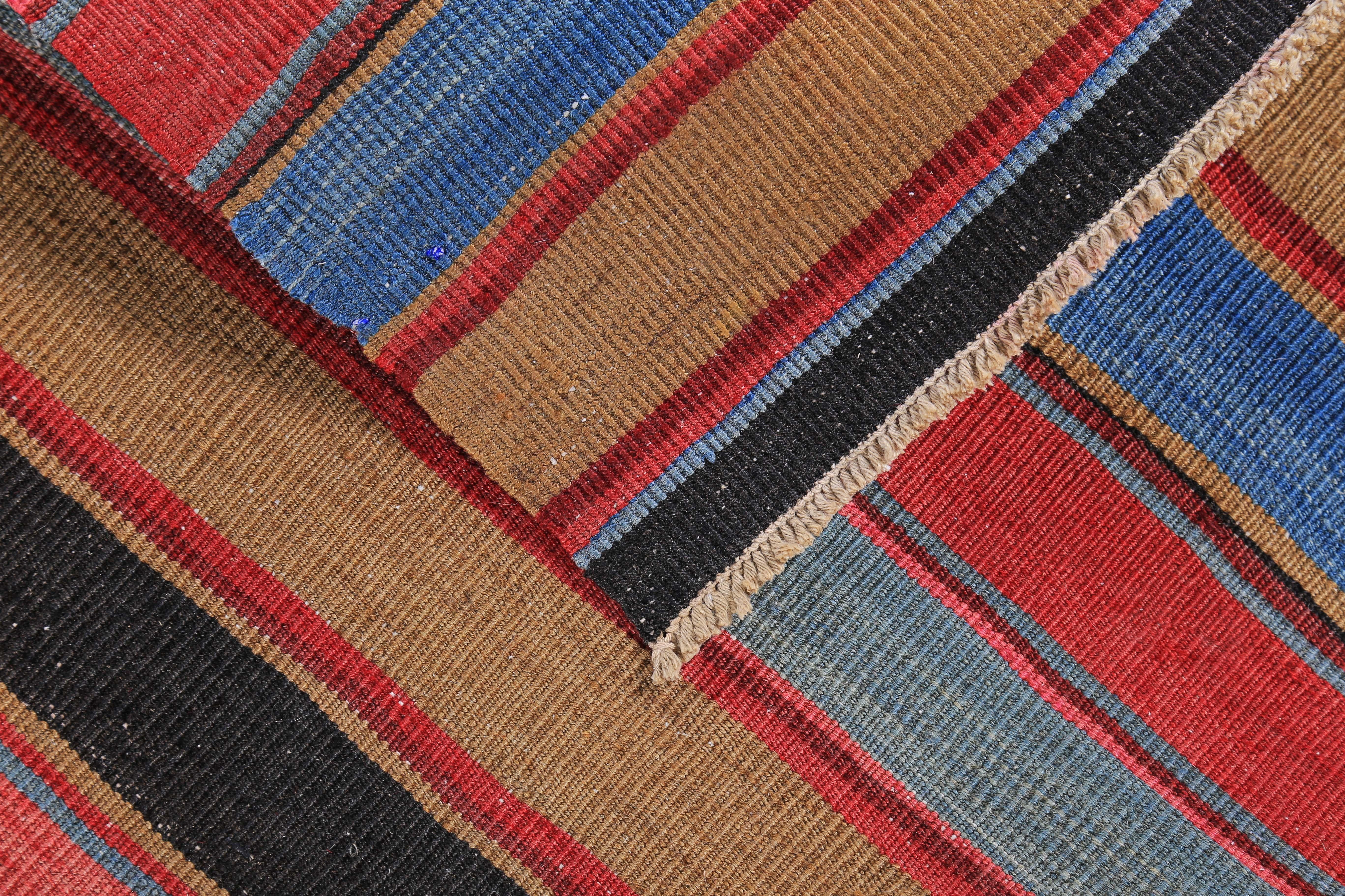 Contemporary Modern Turkish Kilim Rug with Red, Pink and Blue Stripes For Sale