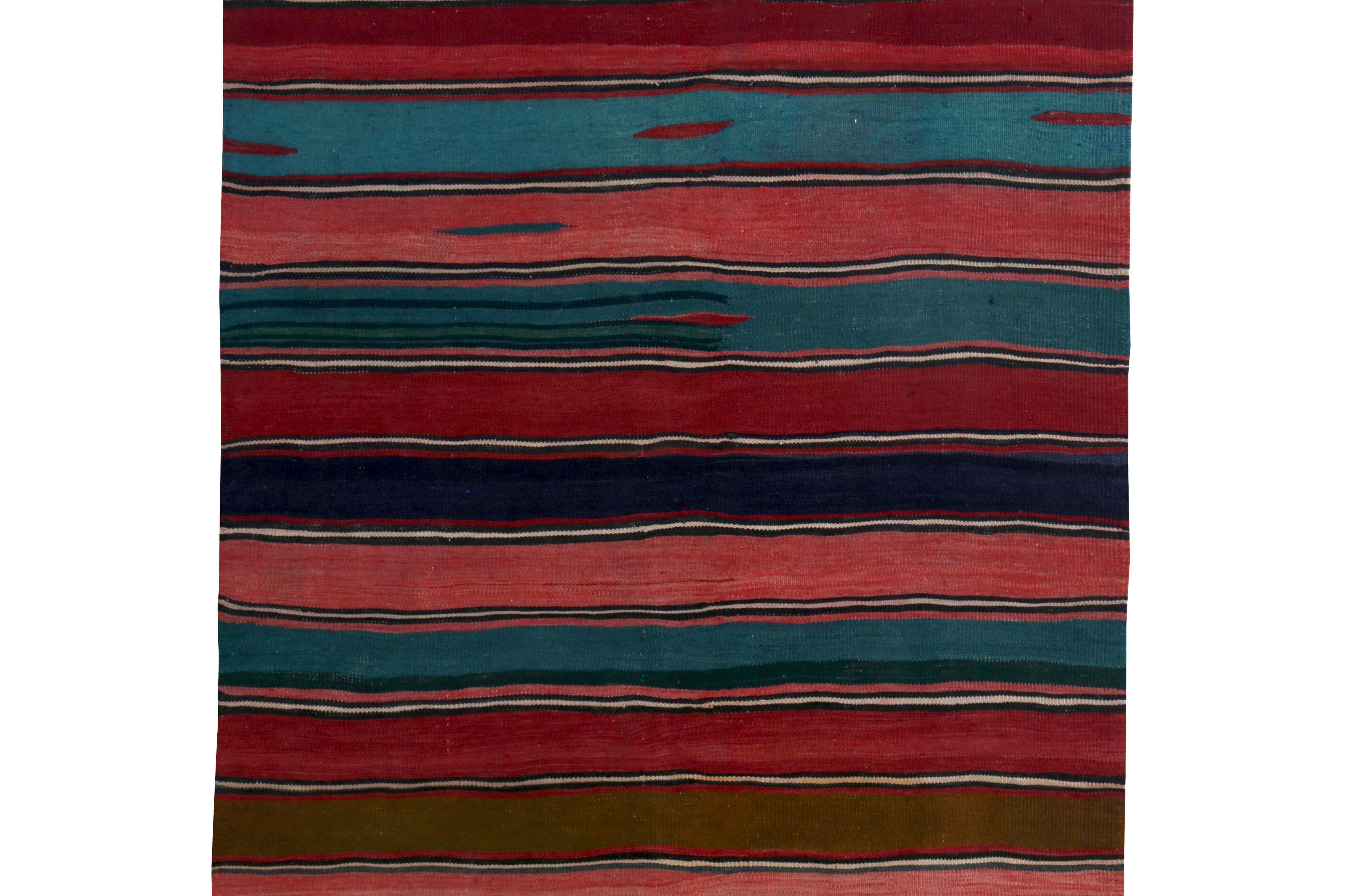 Hand-Woven Modern Turkish Kilim Rug with Red, Pink and Blue Stripes Pattern For Sale