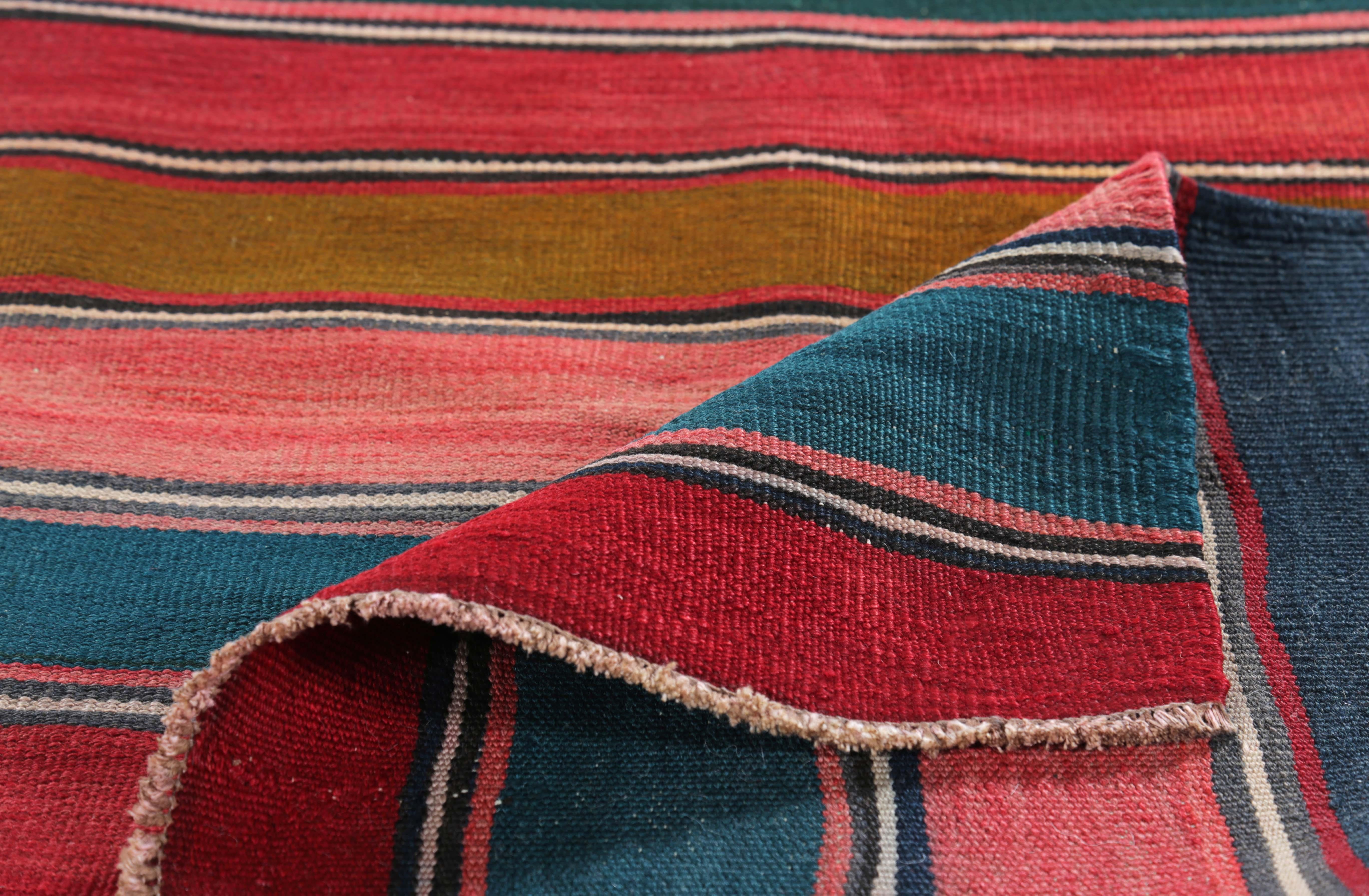 Modern Turkish Kilim Rug with Red, Pink and Blue Stripes Pattern In New Condition For Sale In Dallas, TX