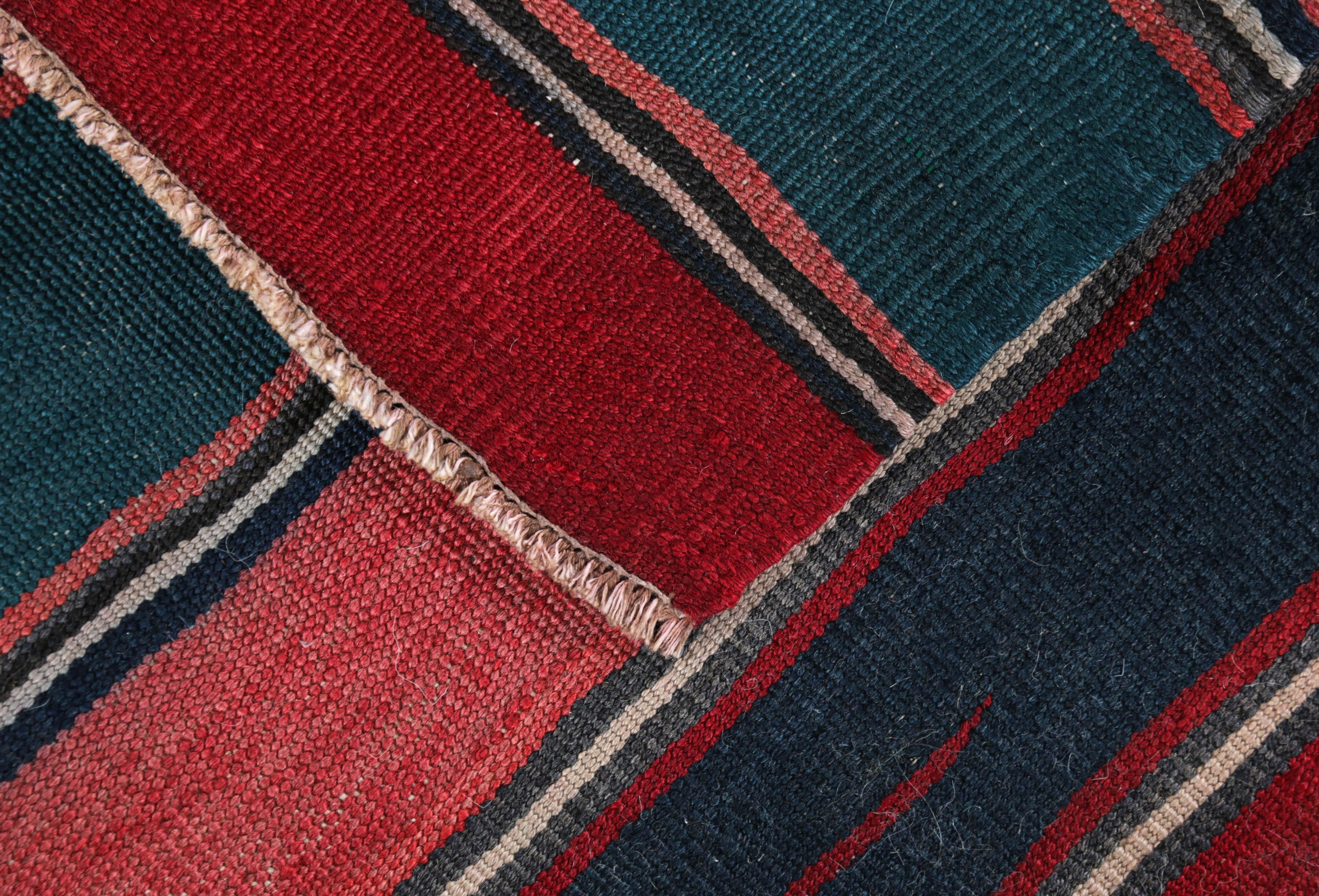 Contemporary Modern Turkish Kilim Rug with Red, Pink and Blue Stripes Pattern For Sale