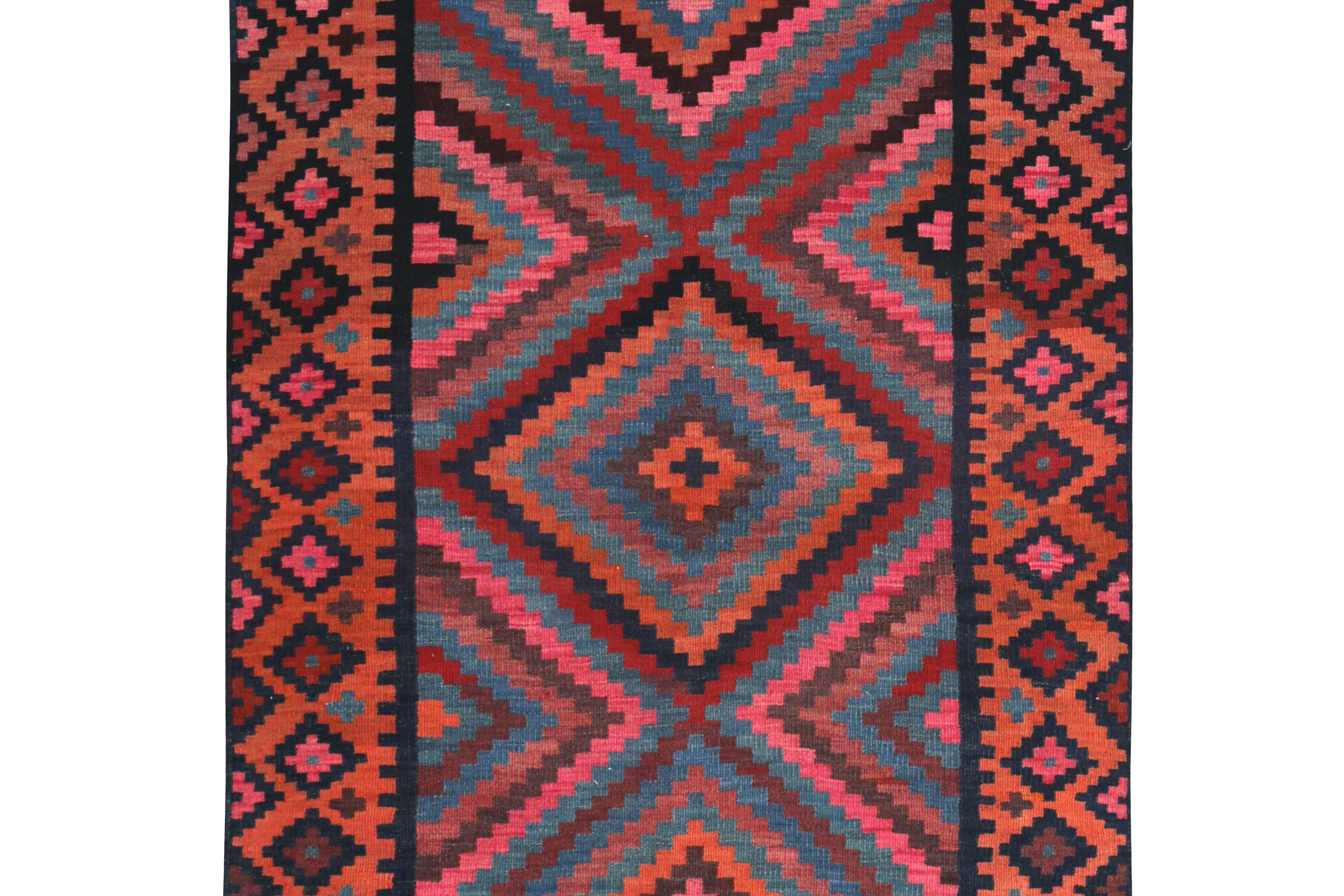 Hand-Woven Modern Turkish Kilim Rug with Red, Pink and Blue Tribal Pattern For Sale