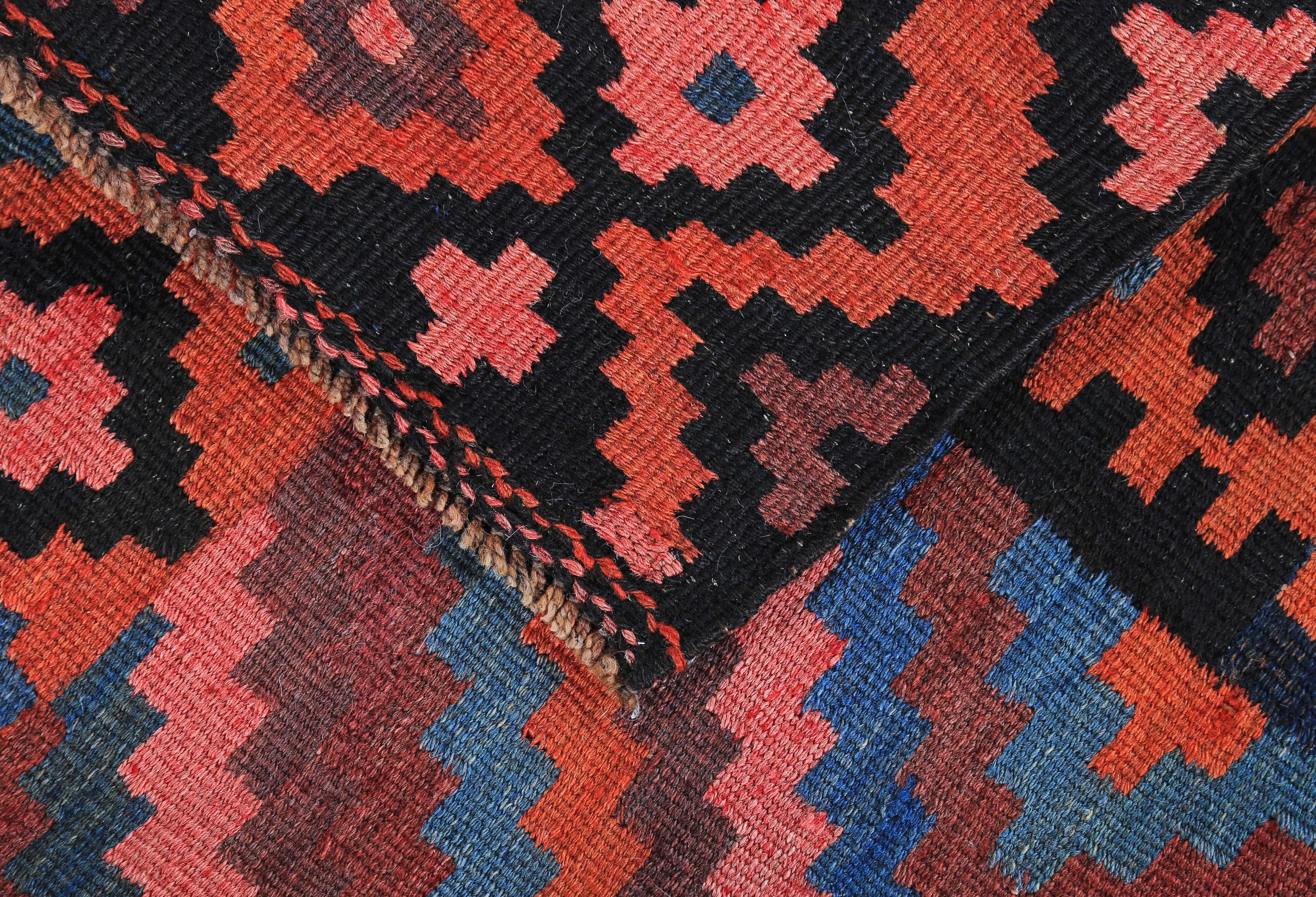 Wool Modern Turkish Kilim Rug with Red, Pink and Blue Tribal Pattern For Sale