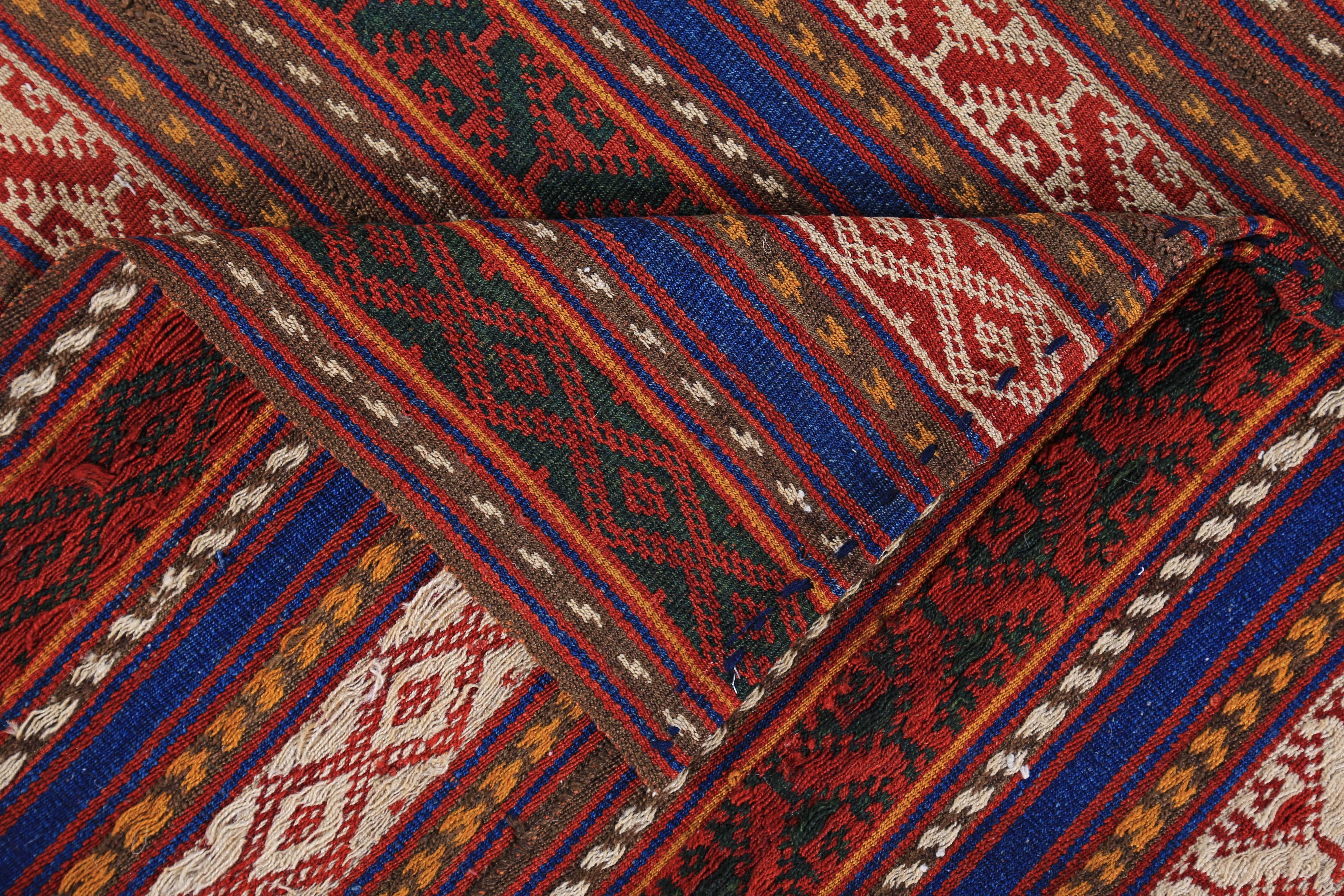 Modern Turkish Kilim Rug with Red, White & Orange Tribal Stripes on Brown Field In New Condition For Sale In Dallas, TX