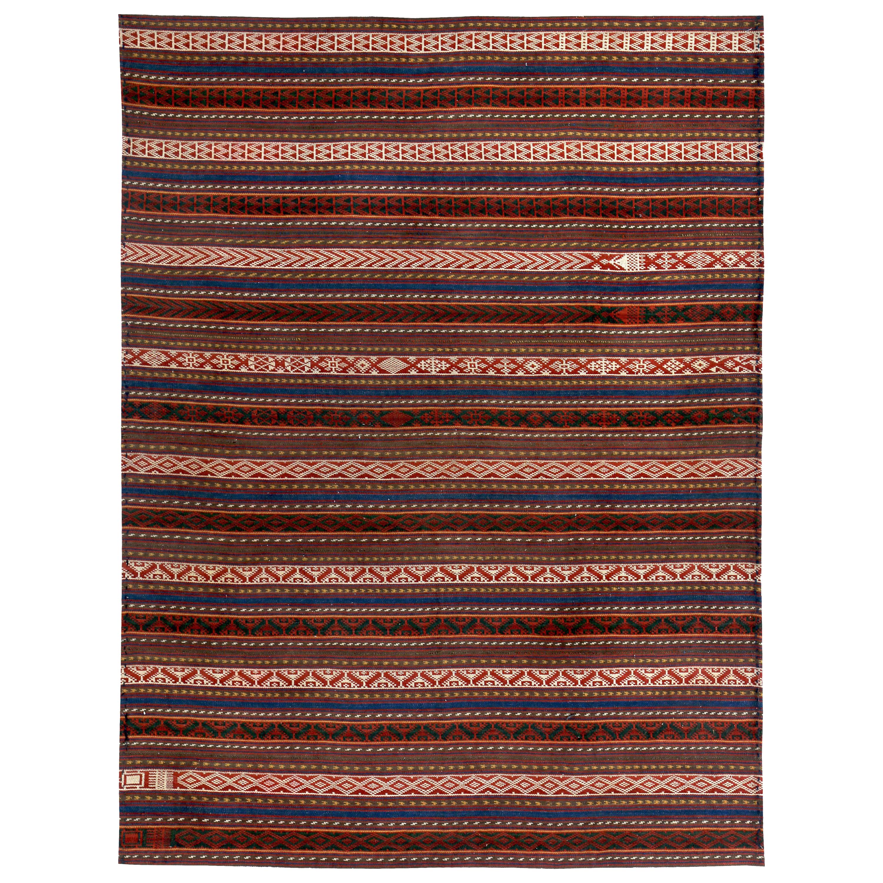 Modern Turkish Kilim Rug with Red, White & Orange Tribal Stripes on Brown Field