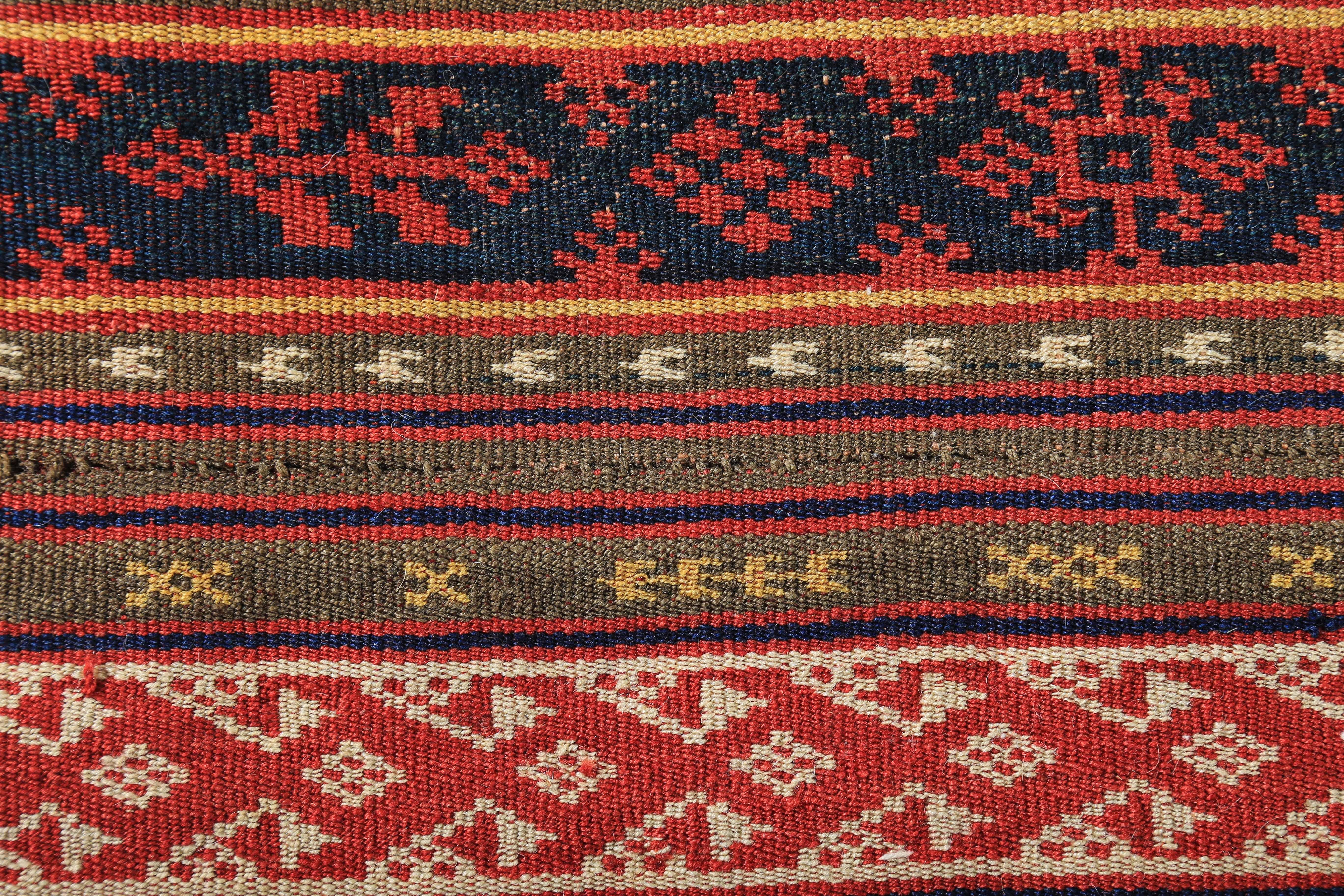 Hand-Woven Modern Turkish Kilim Rug with Red and White Tribal Details on Striped Field For Sale