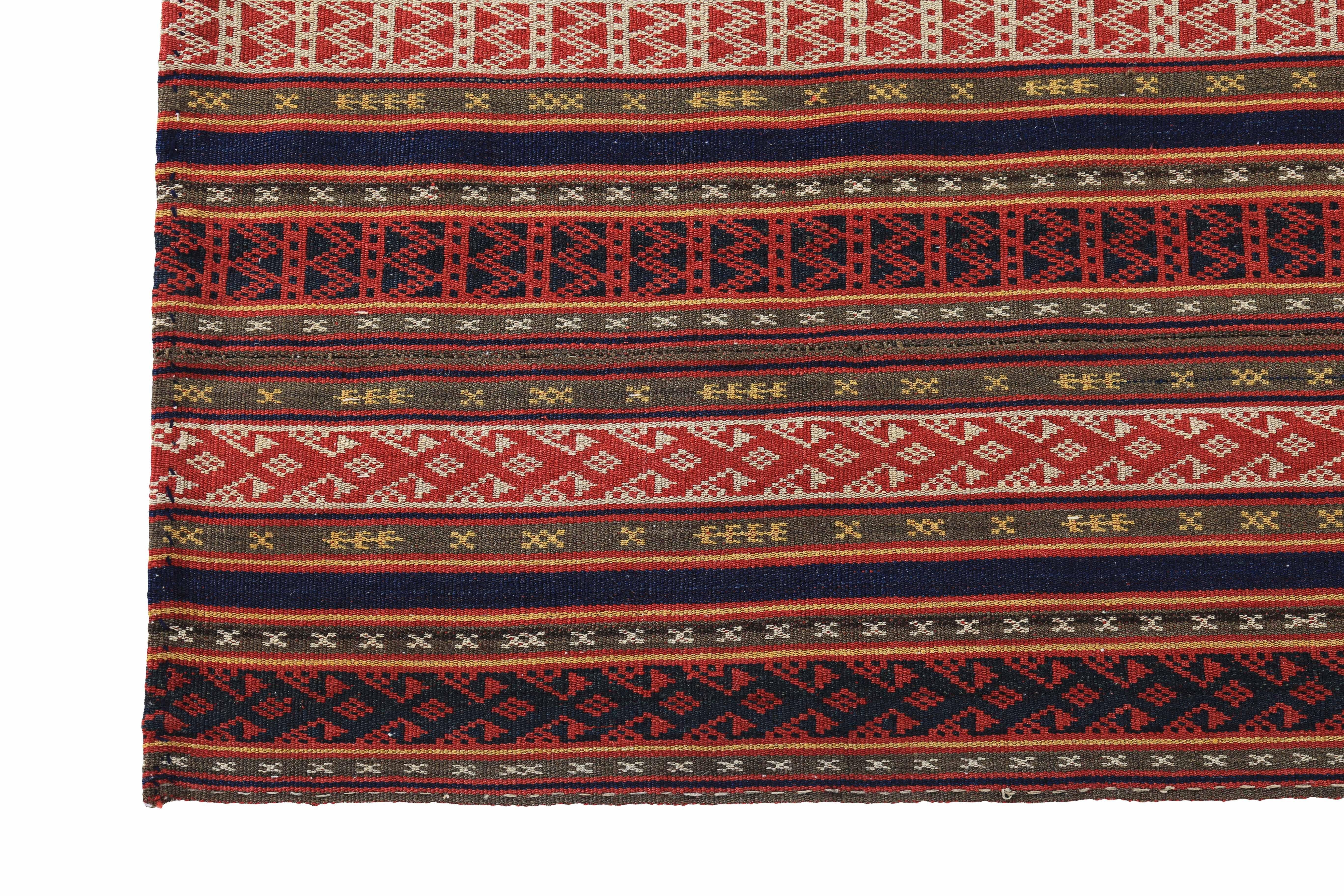 Modern Turkish Kilim Rug with Red and White Tribal Details on Striped Field In New Condition For Sale In Dallas, TX
