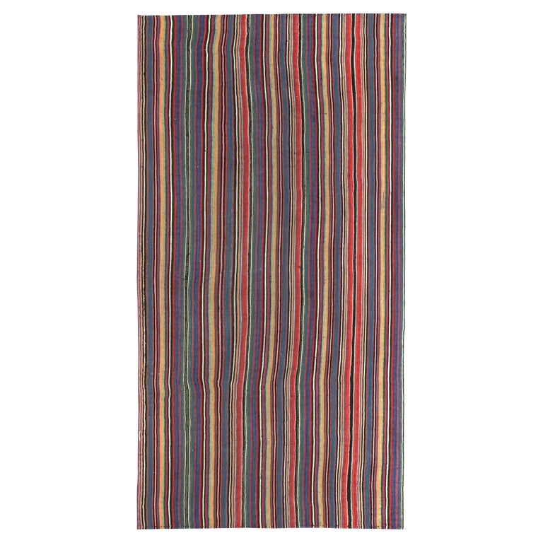 Modern Turkish Kilim Rug with Red, Yellow and Blue Pencil Stripes For Sale