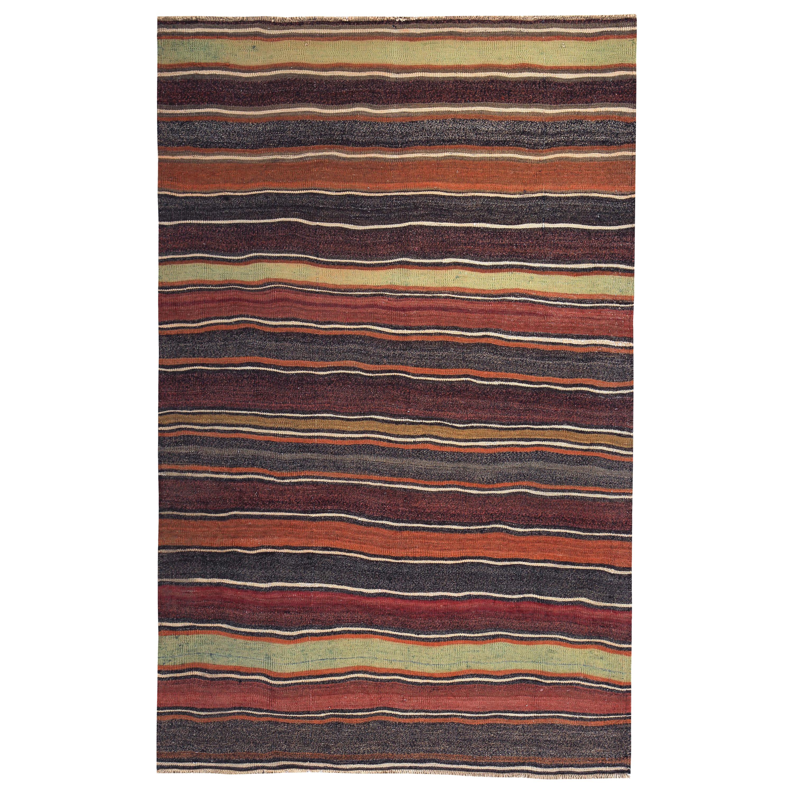 Modern Turkish Kilim Rug with Red, Yellow and Orange Stripes on a Brown Field