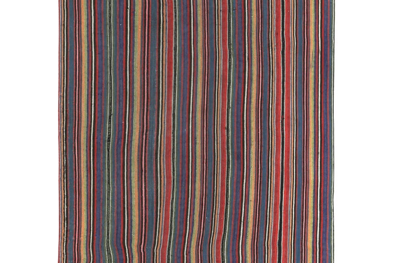 Hand-Woven Modern Turkish Kilim Rug with Red, Yellow and Blue Pencil Stripes For Sale