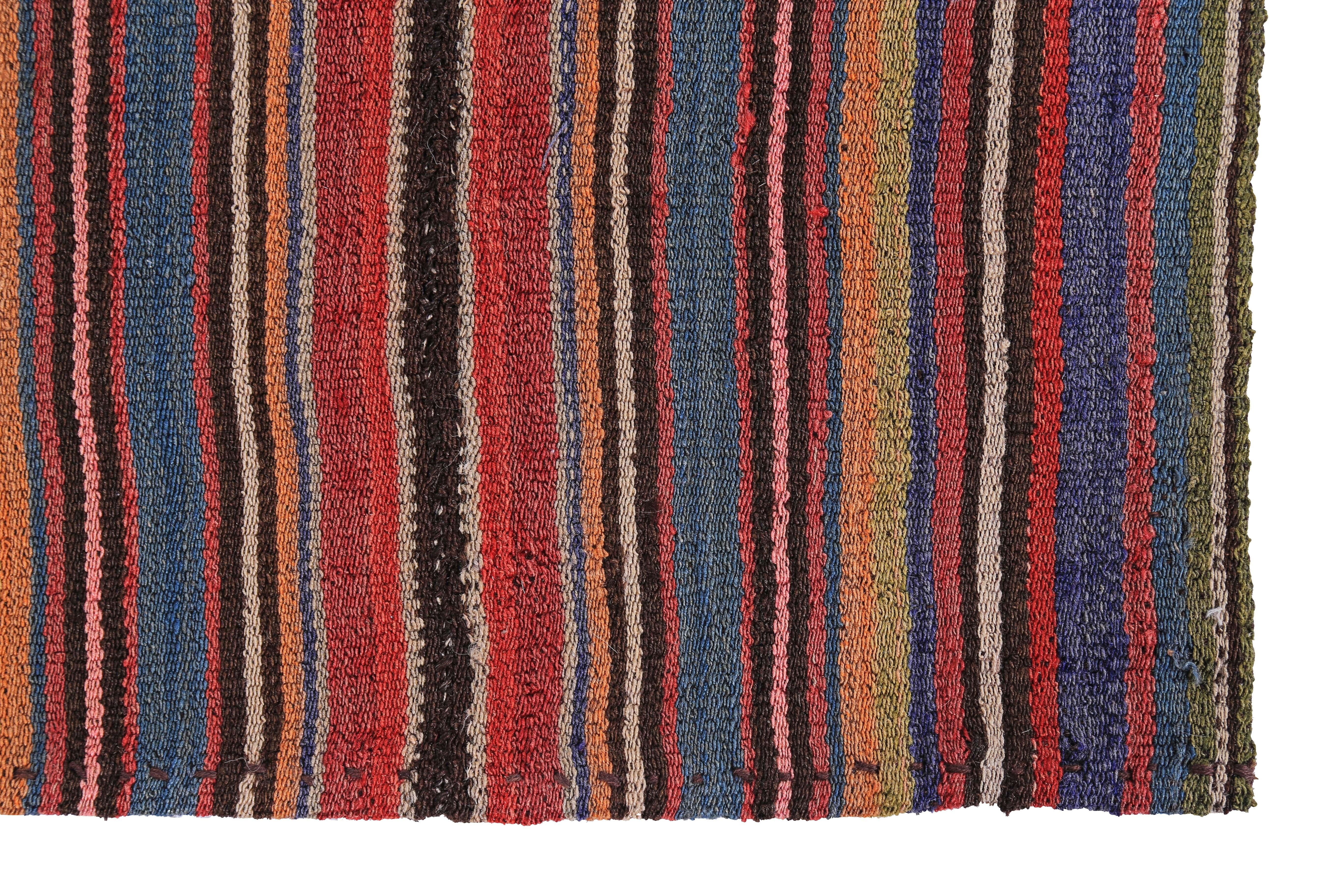 Hand-Woven Modern Turkish Kilim Rug with Red, Yellow and Blue Pencil Stripes For Sale
