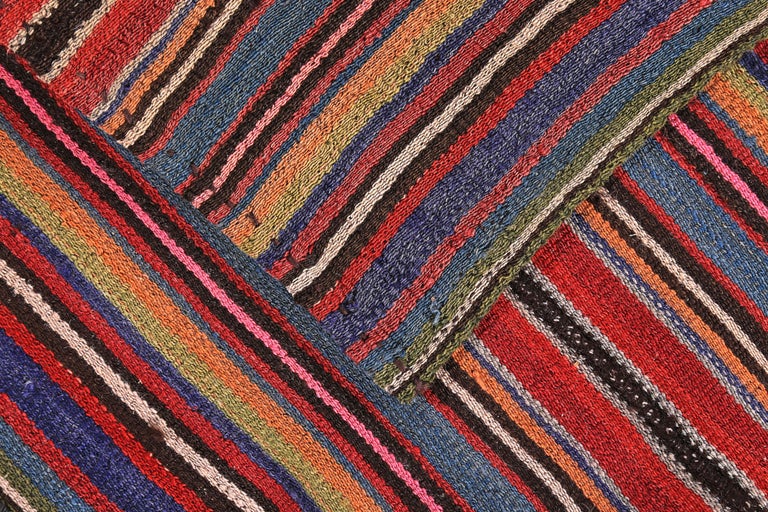 Wool Modern Turkish Kilim Rug with Red, Yellow and Blue Pencil Stripes For Sale