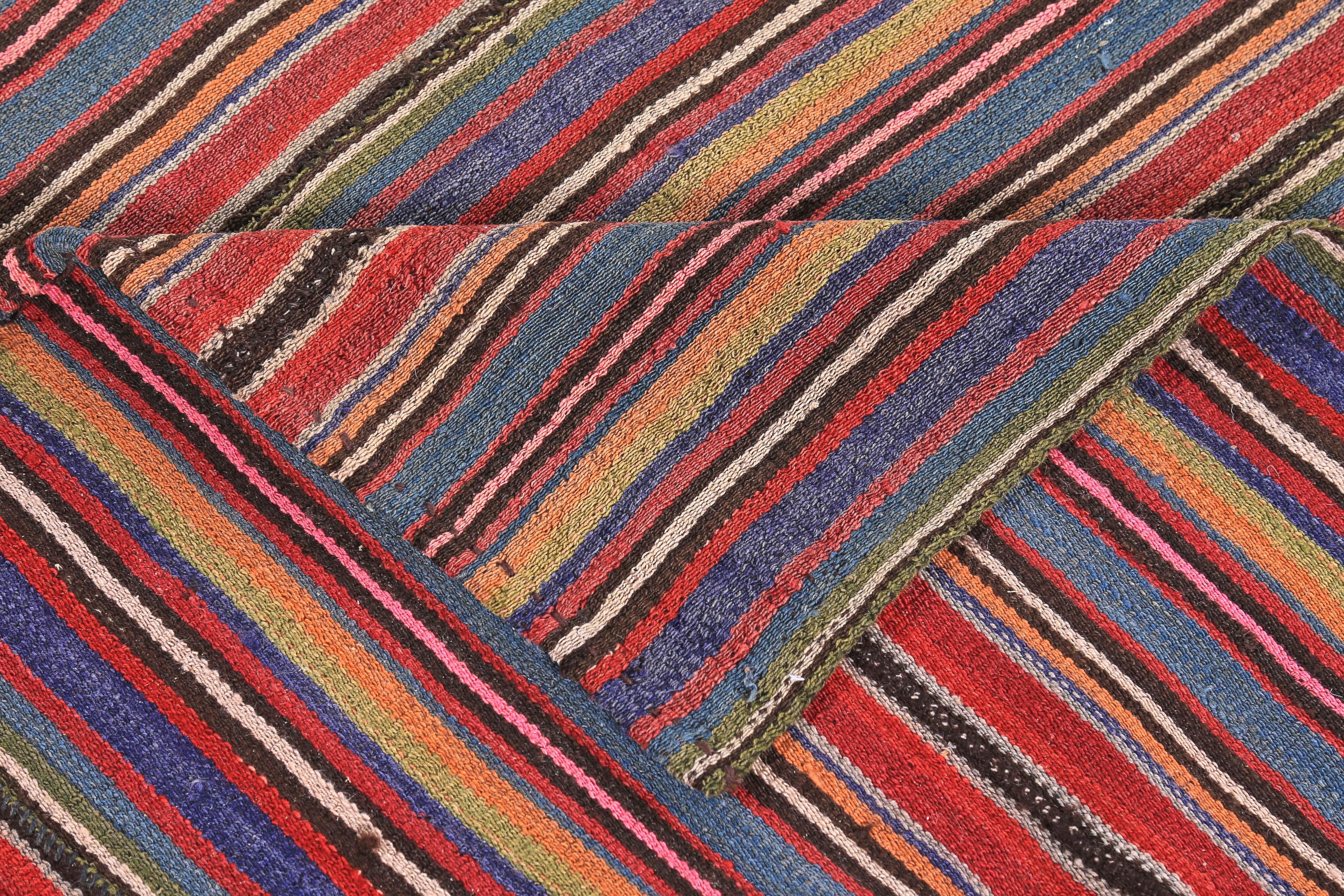 Wool Modern Turkish Kilim Rug with Red, Yellow and Blue Pencil Stripes For Sale