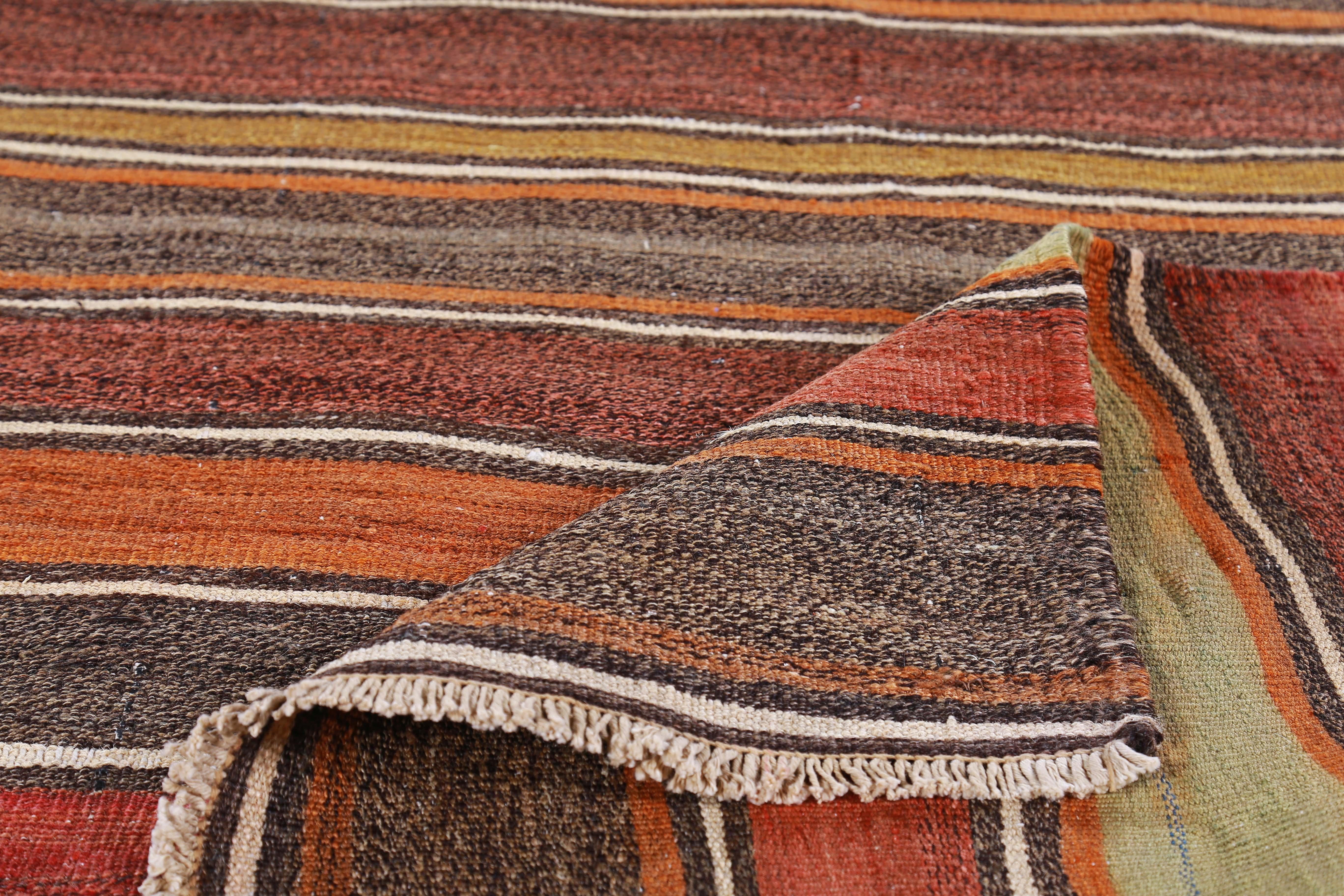Modern Turkish Kilim Rug with Red, Yellow and Orange Stripes on a Brown Field In New Condition For Sale In Dallas, TX