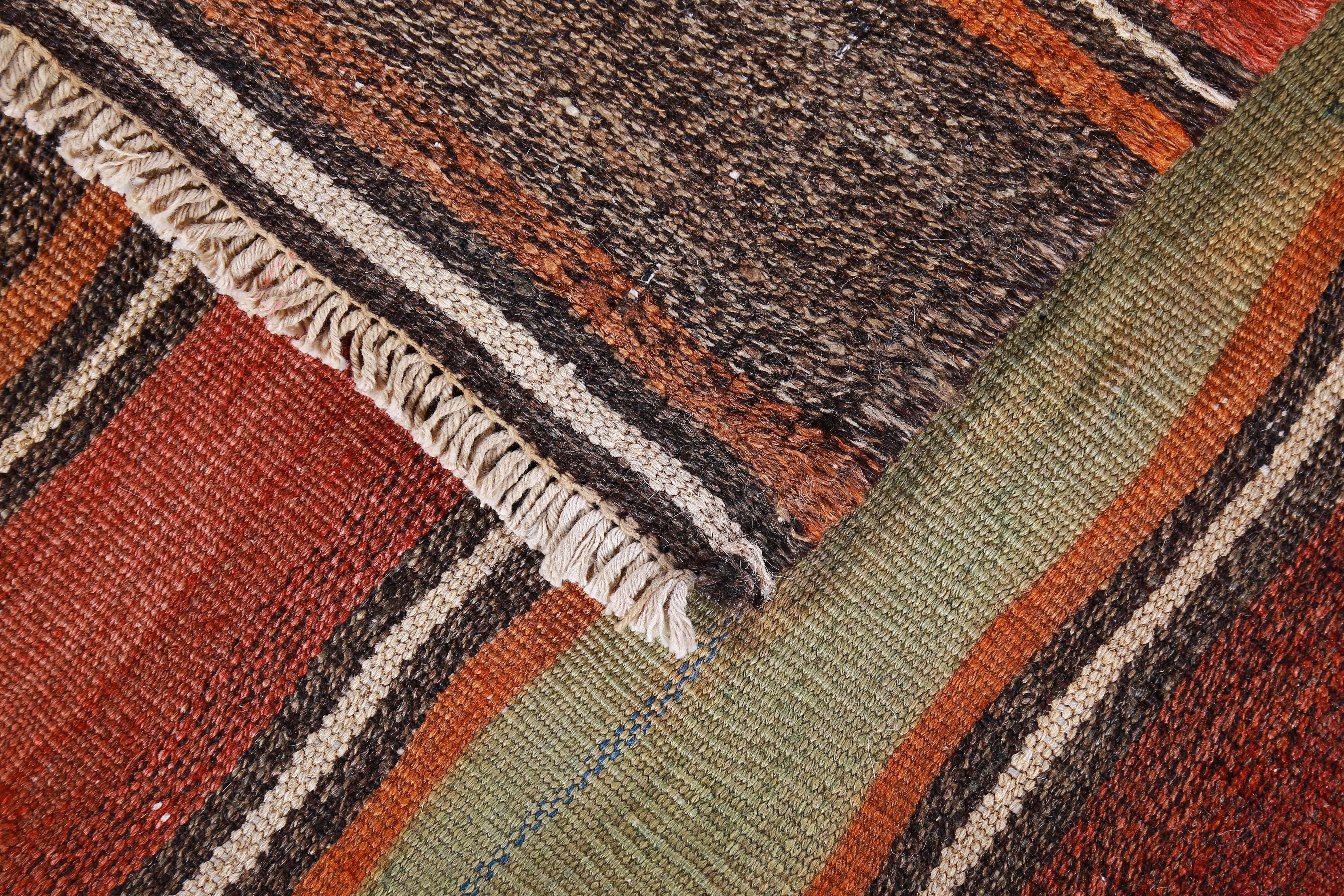 Contemporary Modern Turkish Kilim Rug with Red, Yellow and Orange Stripes on a Brown Field For Sale