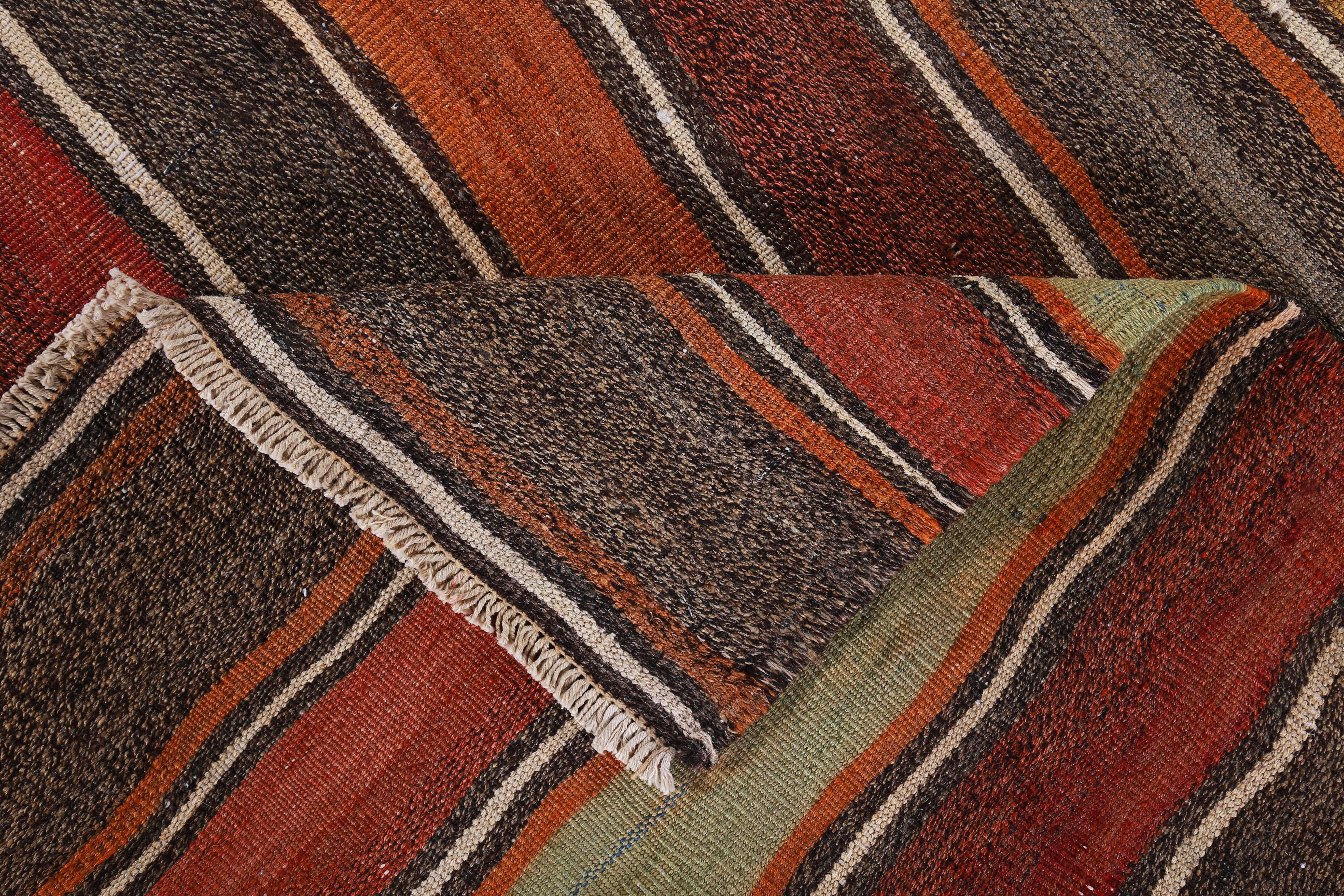 Wool Modern Turkish Kilim Rug with Red, Yellow and Orange Stripes on a Brown Field For Sale