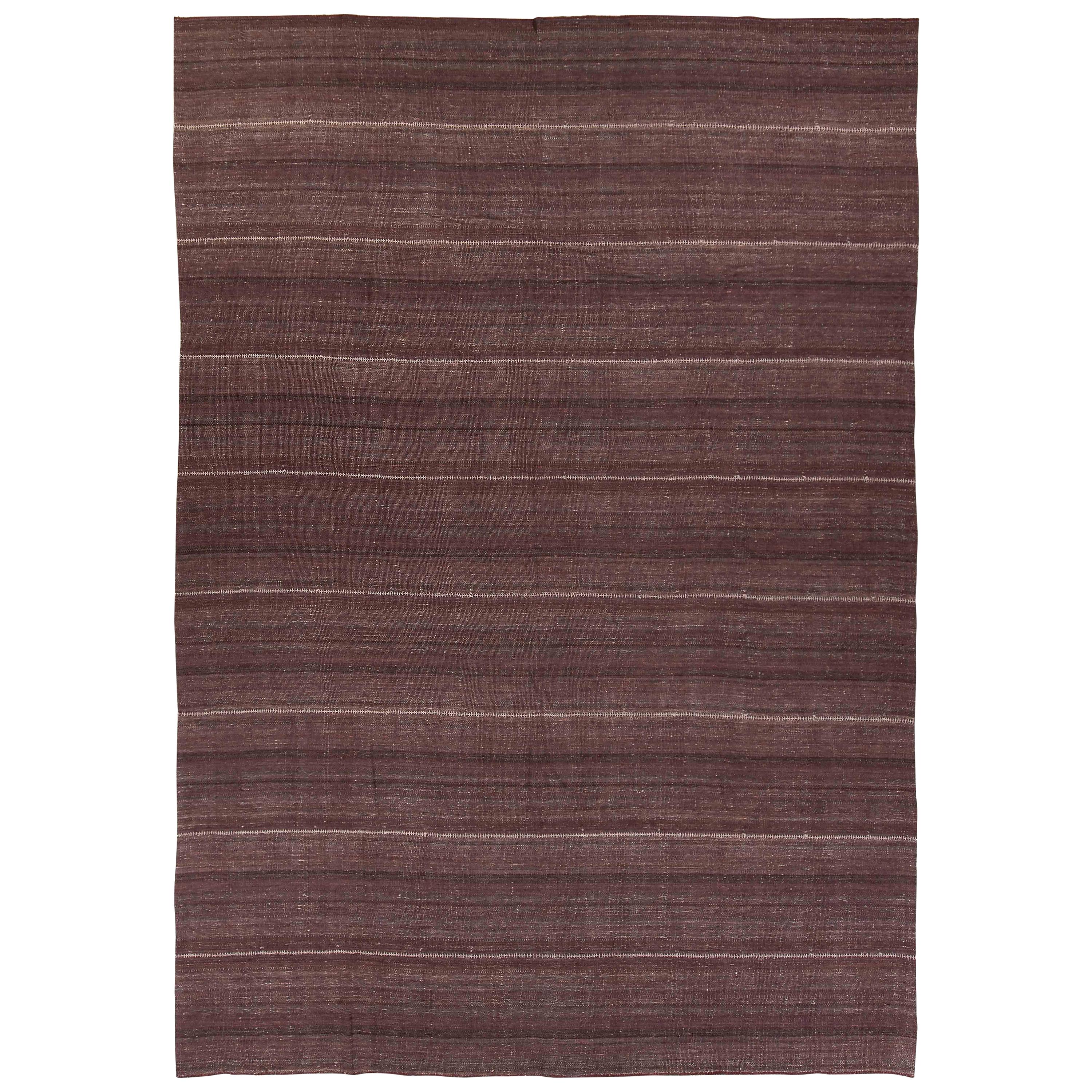 Modern Turkish Kilim Rug with White Stripes on Brown Field For Sale