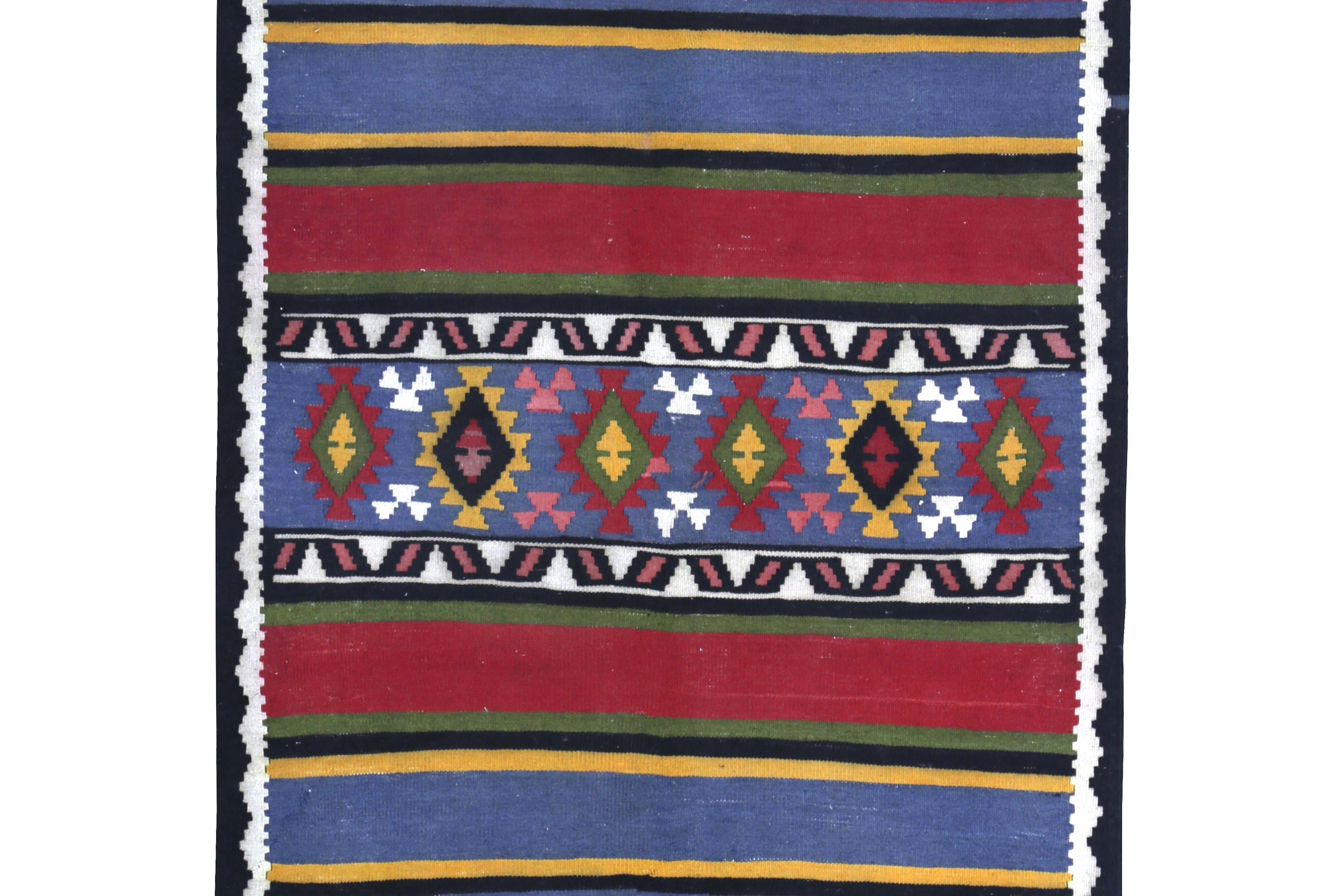 Hand-Woven Modern Turkish Kilim Runner Rug in Red, Green & Blue Stripes with Tribal Design For Sale