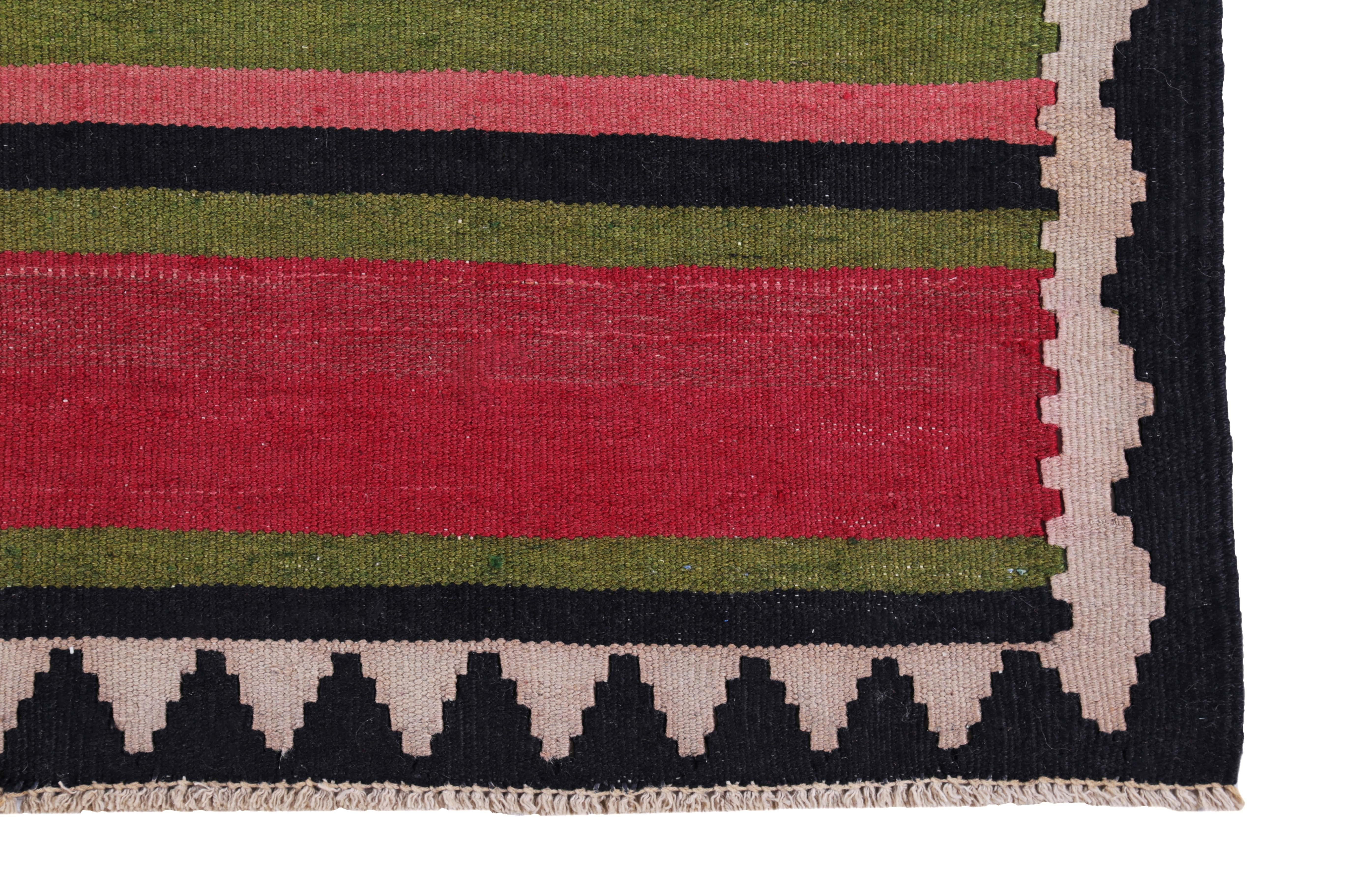 Modern Turkish Kilim Runner Rug in Red, Green & Blue Stripes with Tribal Design In New Condition For Sale In Dallas, TX