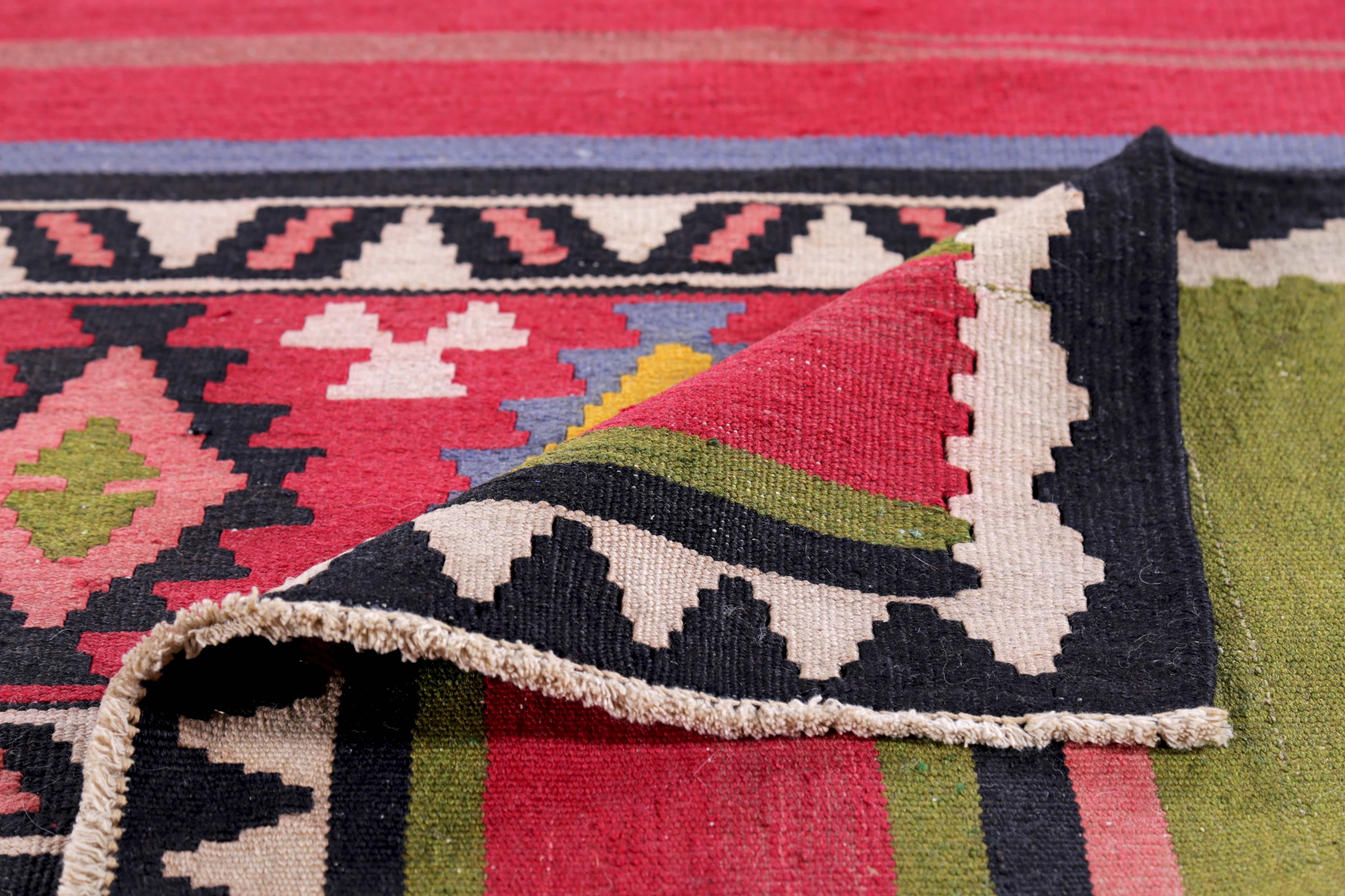 Contemporary Modern Turkish Kilim Runner Rug in Red, Green & Blue Stripes with Tribal Design For Sale