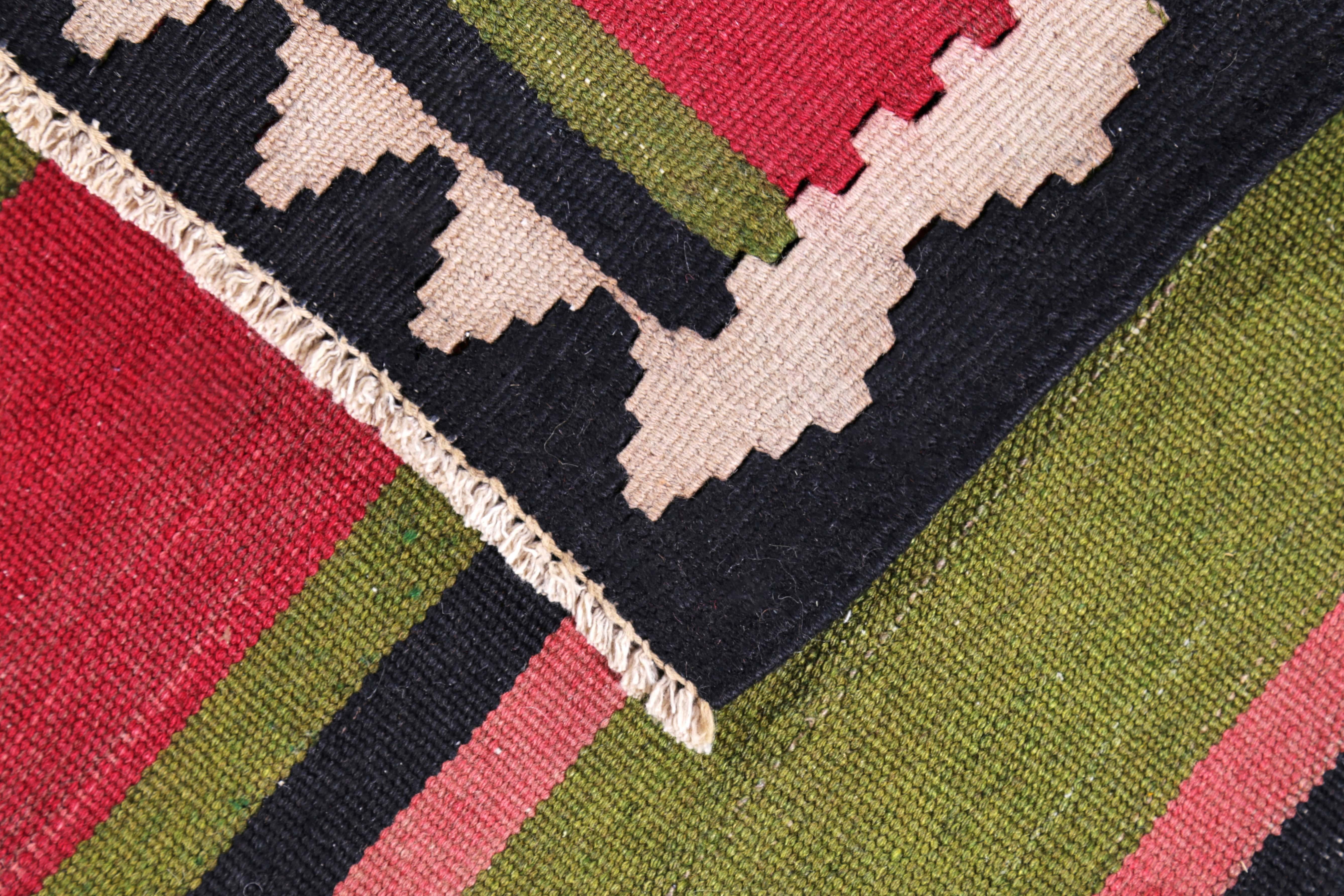 Wool Modern Turkish Kilim Runner Rug in Red, Green & Blue Stripes with Tribal Design For Sale