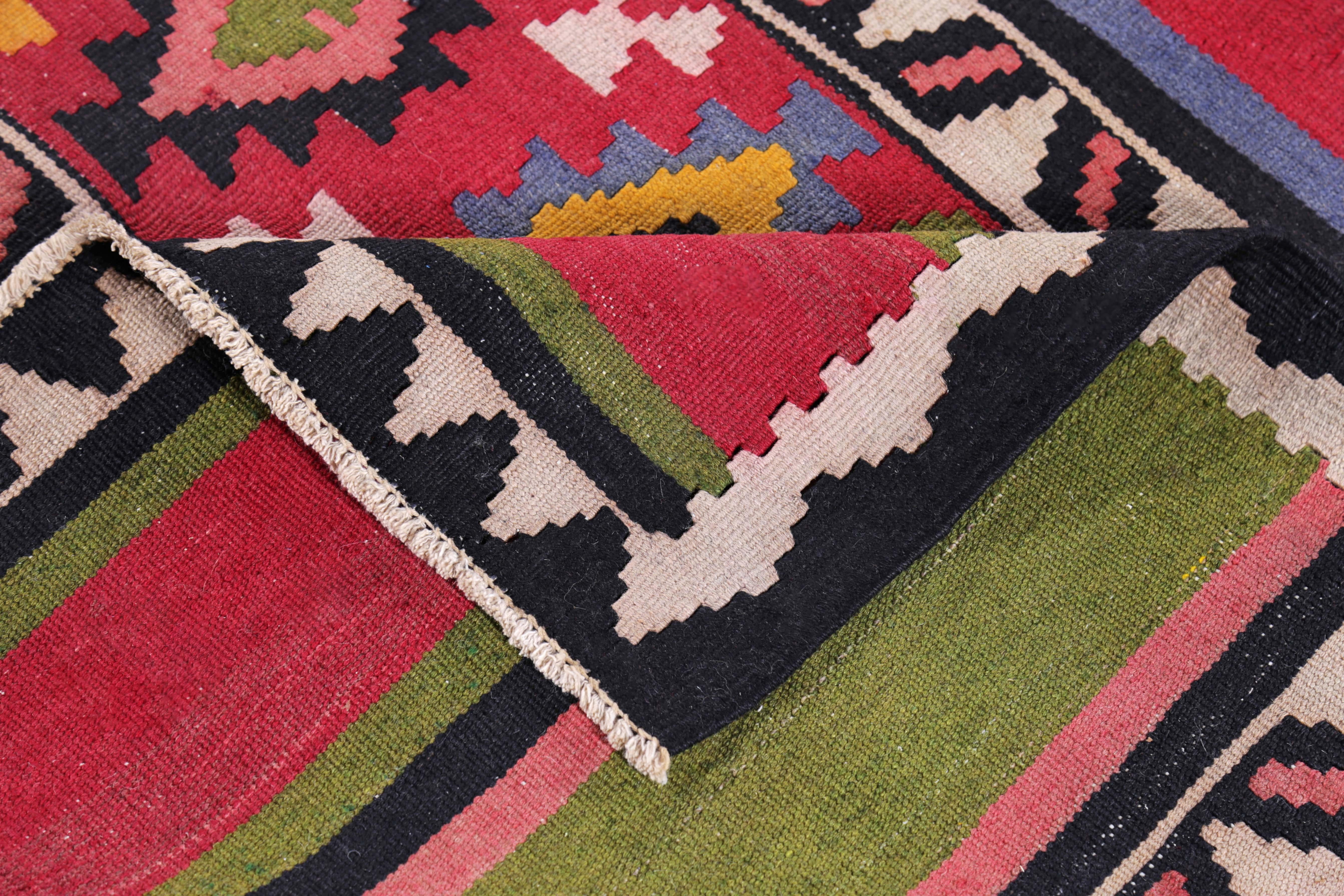 Modern Turkish Kilim Runner Rug in Red, Green & Blue Stripes with Tribal Design For Sale 1