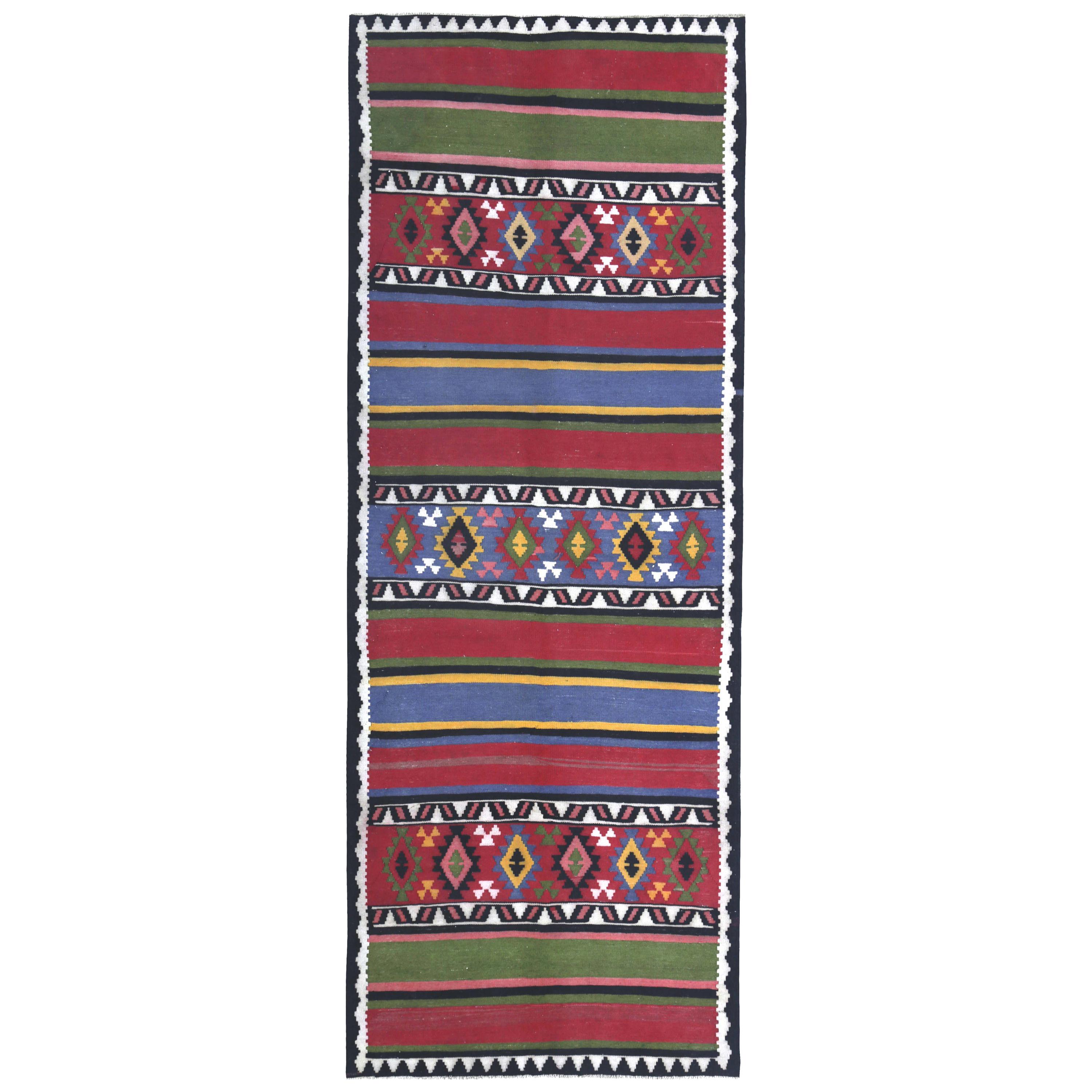 Modern Turkish Kilim Runner Rug in Red, Green & Blue Stripes with Tribal Design For Sale