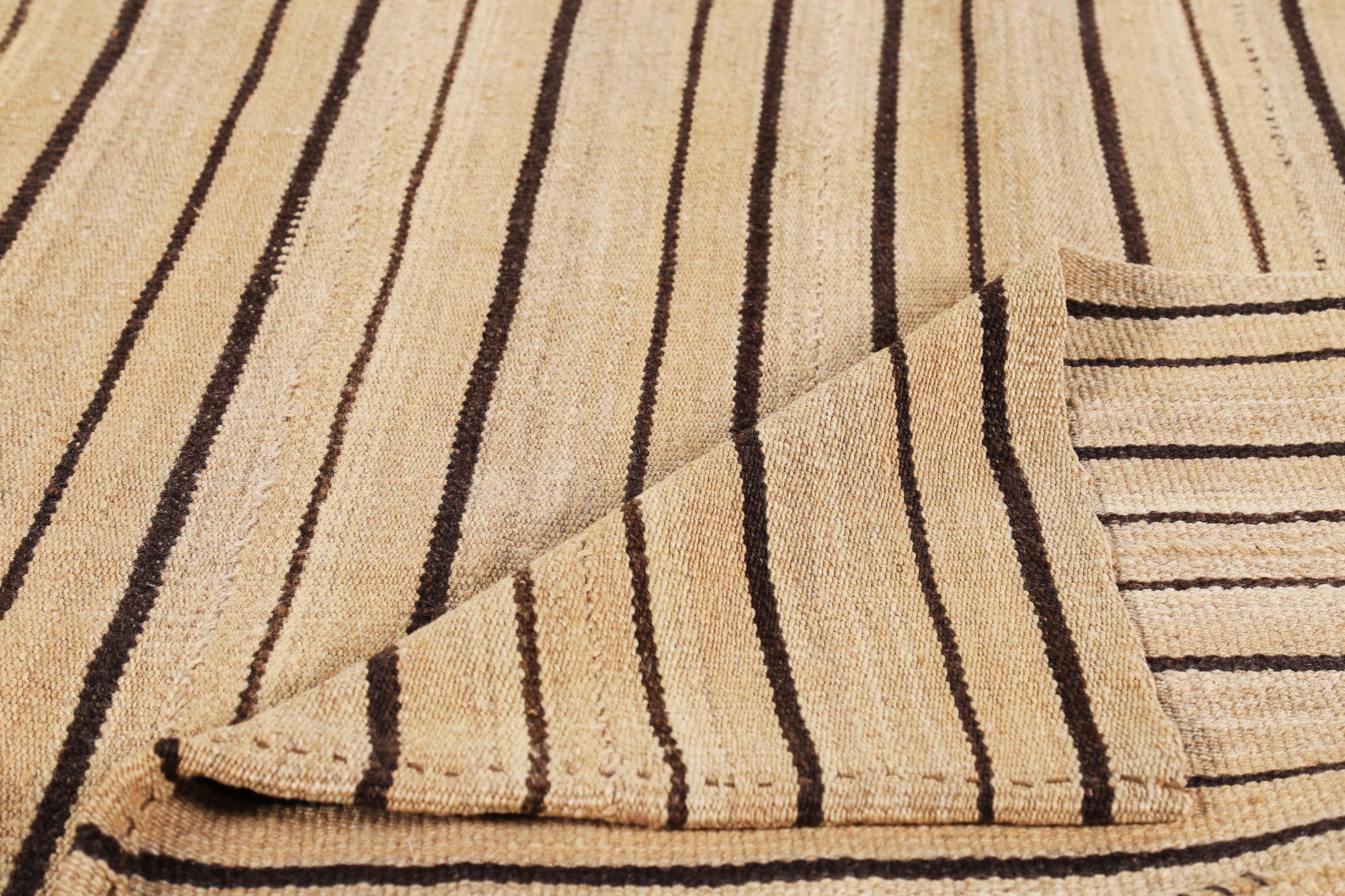 Hand-Woven Modern Turkish Kilim Runner Rug with Black Pencil Stripe on a Beige Field For Sale