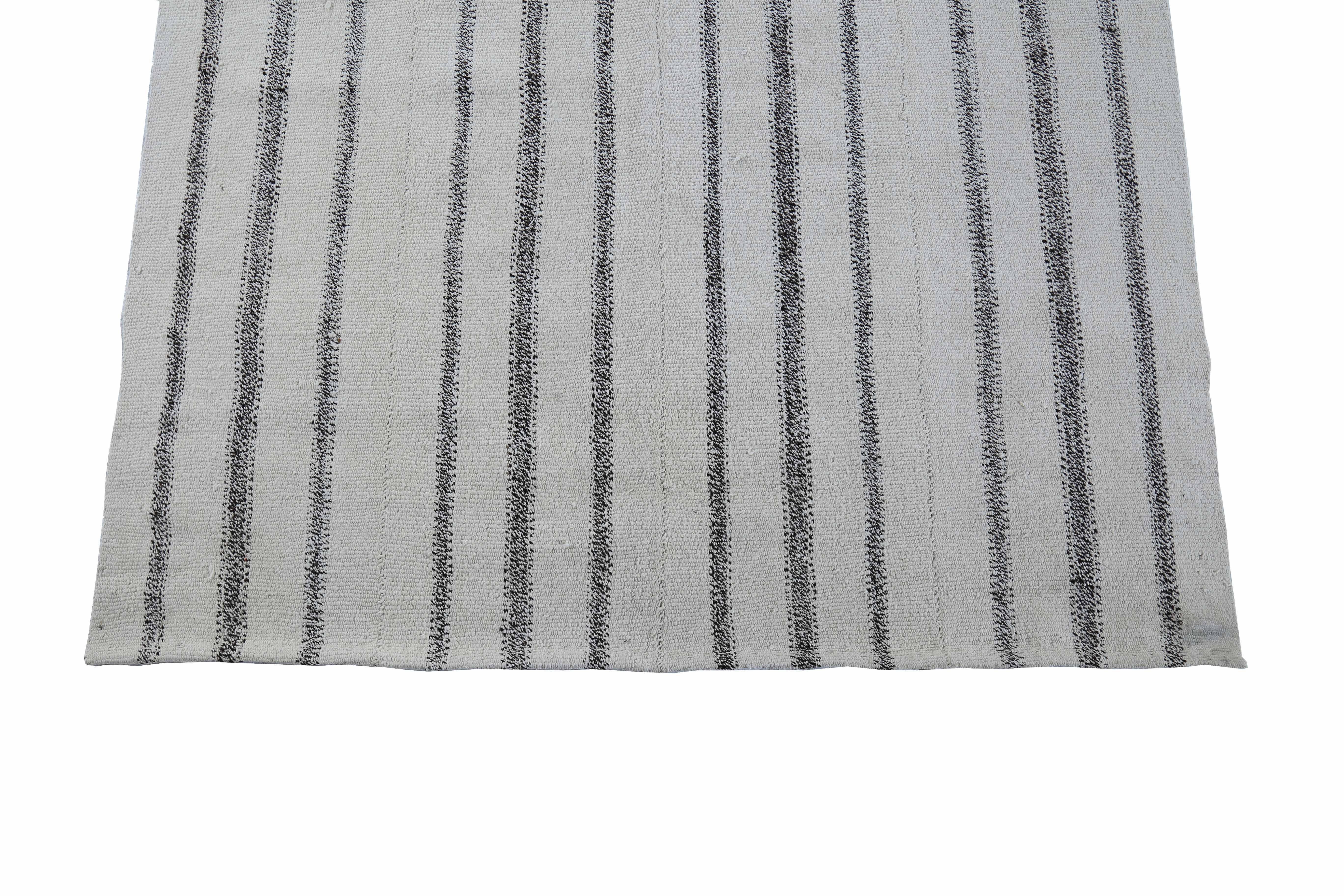 Contemporary Modern Turkish Kilim Runner Rug with Black Pencil Stripes on White Field For Sale