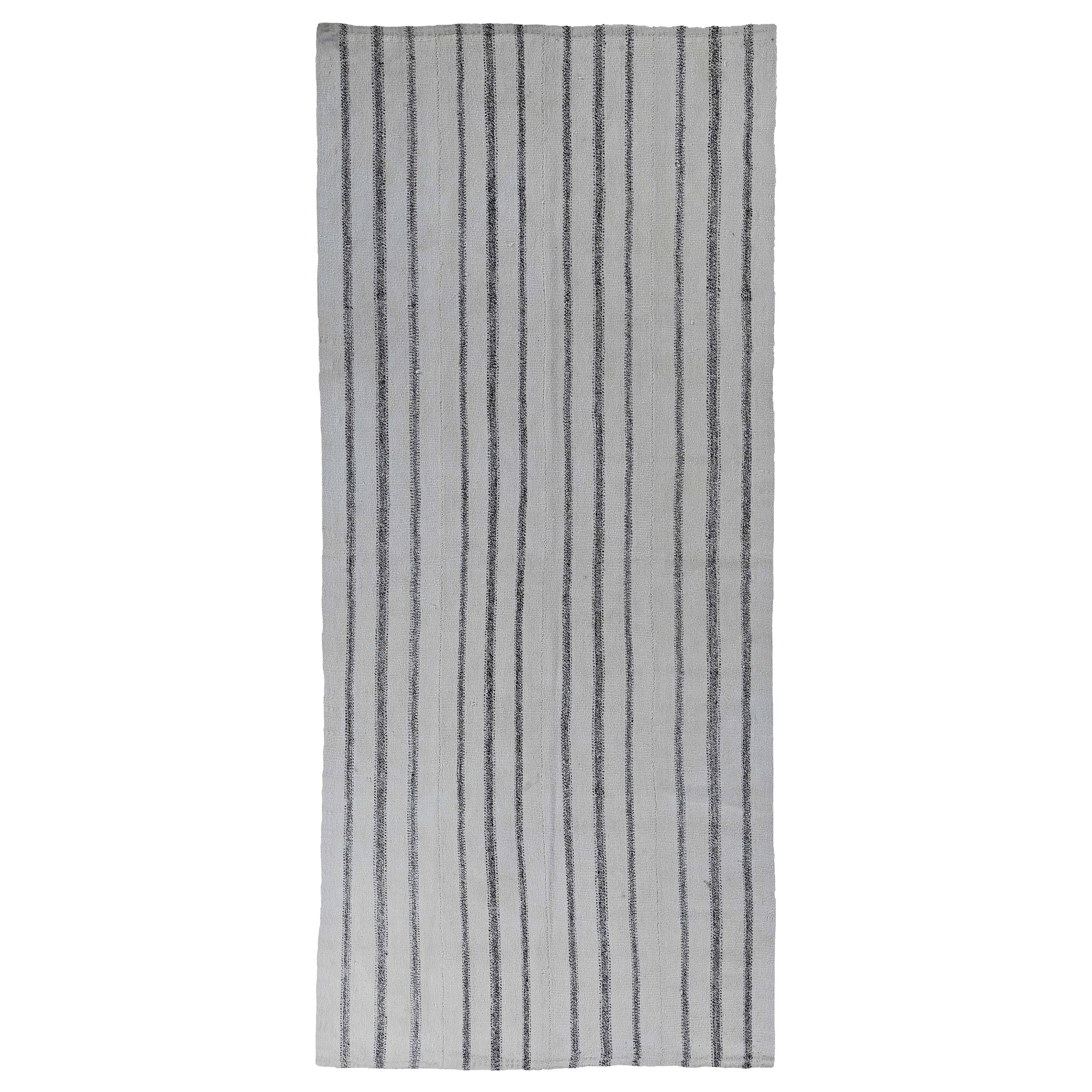 Modern Turkish Kilim Runner Rug with Black Pencil Stripes on White Field For Sale