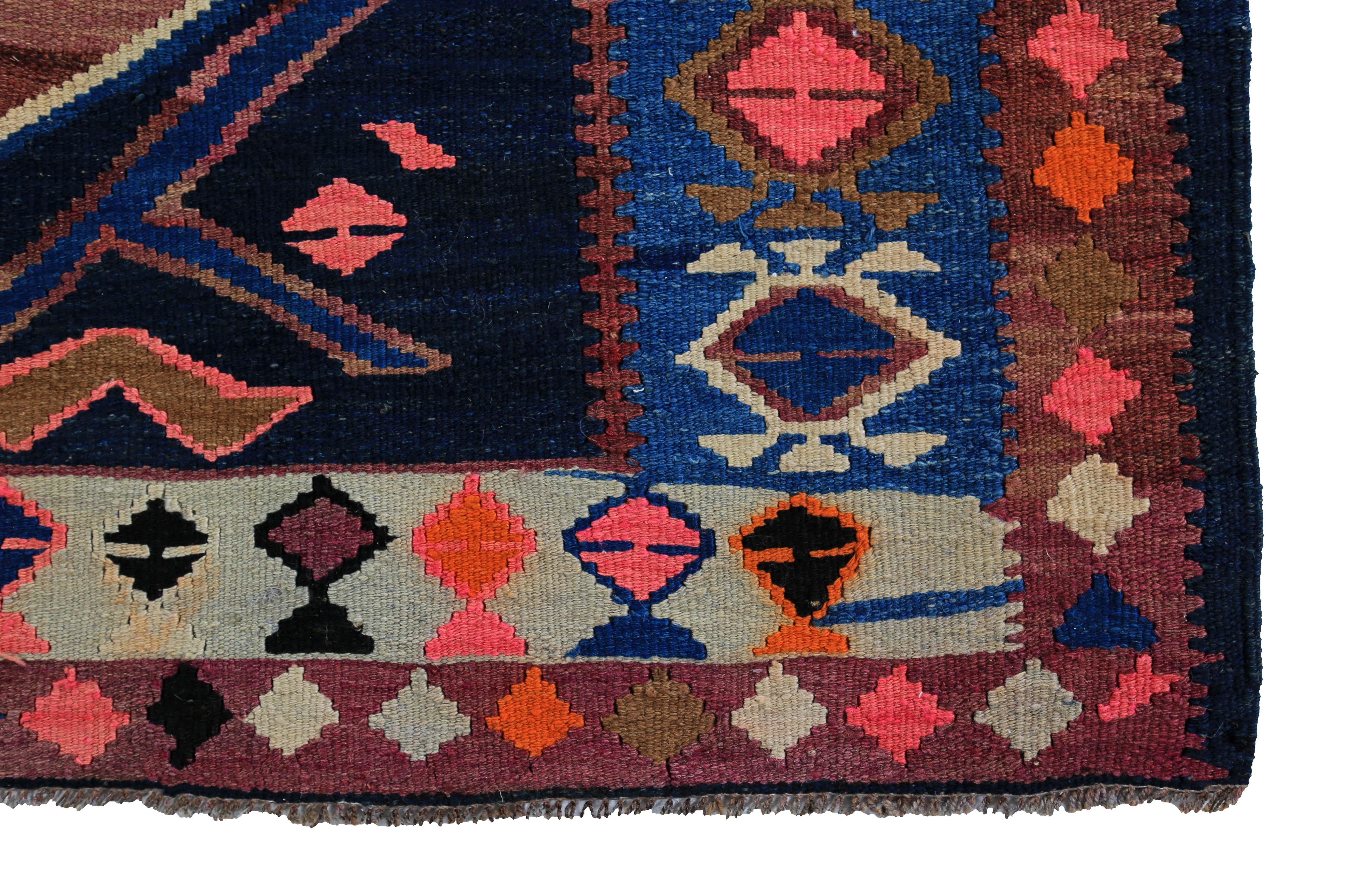 Hand-Woven Modern Turkish Kilim Runner Rug with Blue, Red and Pink Tribal Design For Sale