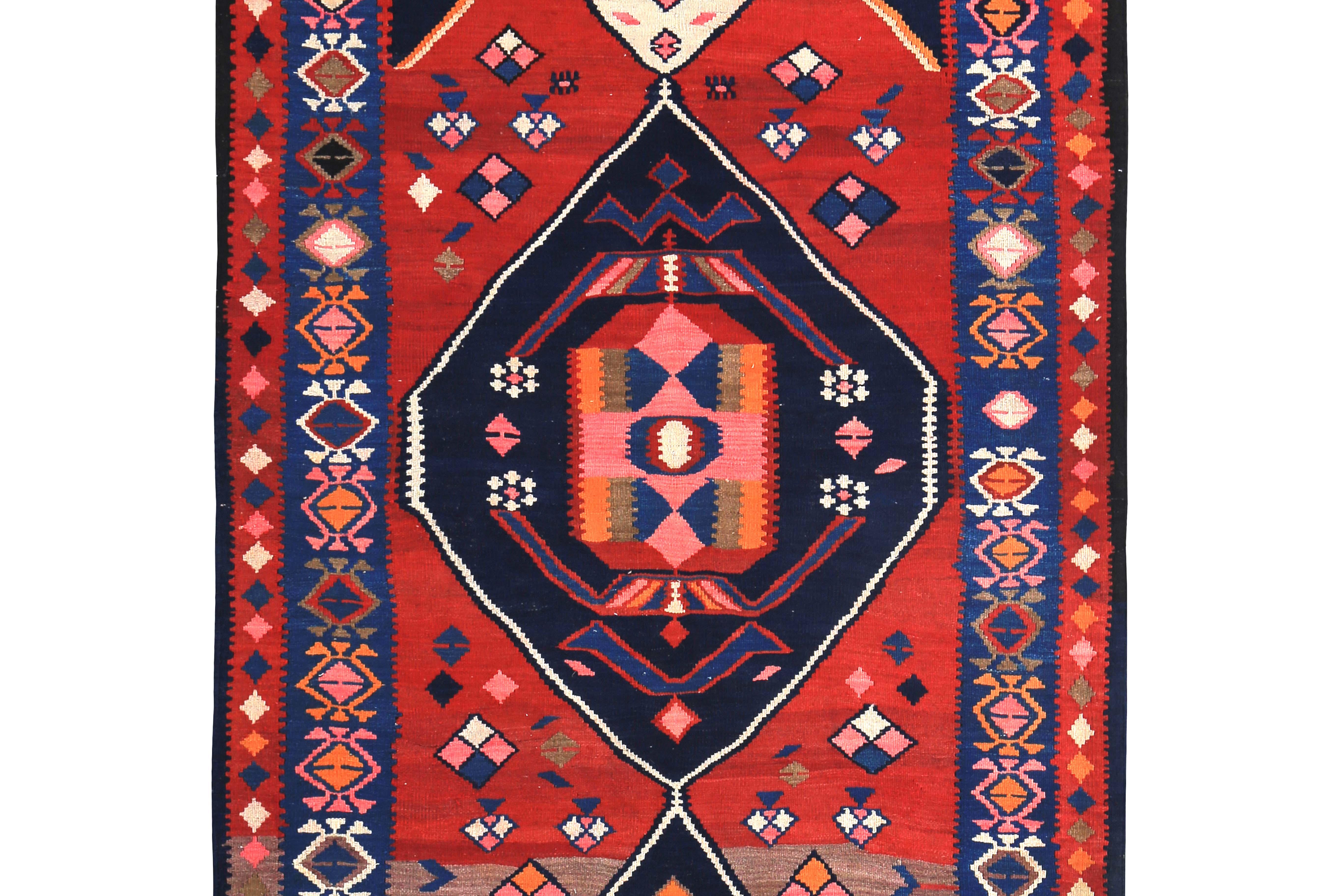 Modern Turkish Kilim Runner Rug with Blue, Red and Pink Tribal Design In New Condition For Sale In Dallas, TX