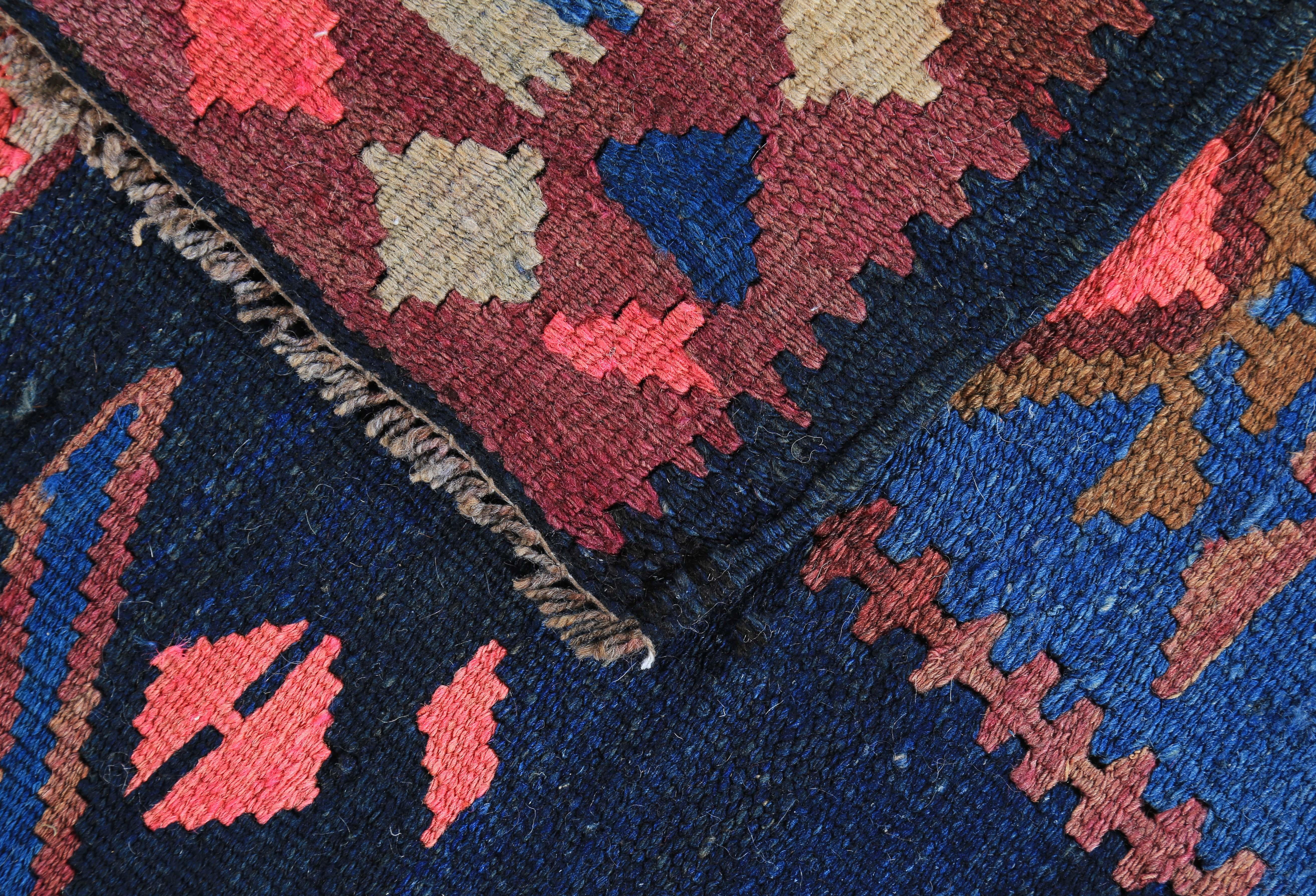 Wool Modern Turkish Kilim Runner Rug with Blue, Red and Pink Tribal Design For Sale