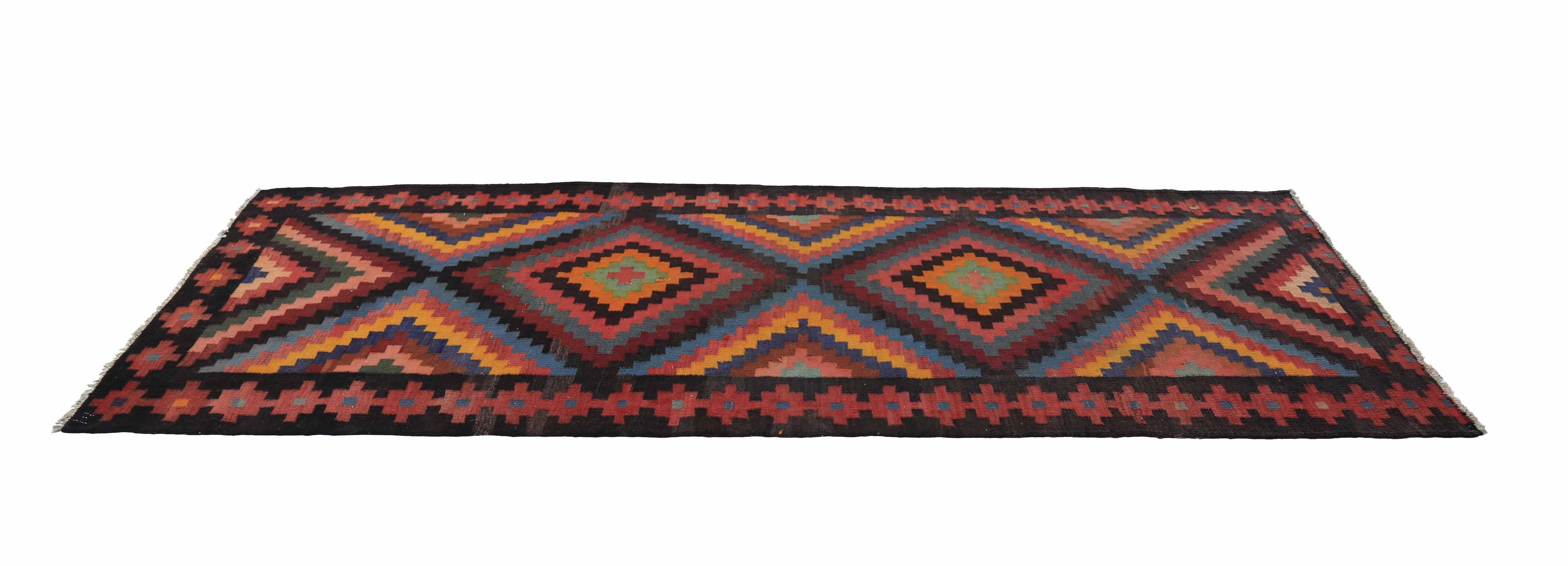 Hand-Woven Modern Turkish Kilim Runner Rug with Colored Diamond Details For Sale